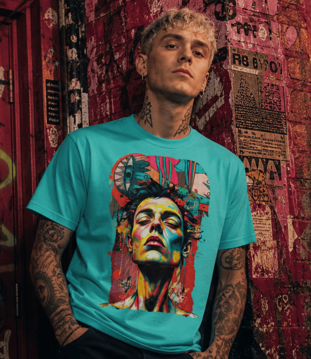 A man with blonde hair and tattoos wearing a bright turquoise graphic t-shirt with a colourful portrait print, standing against a textured red graffiti wall.