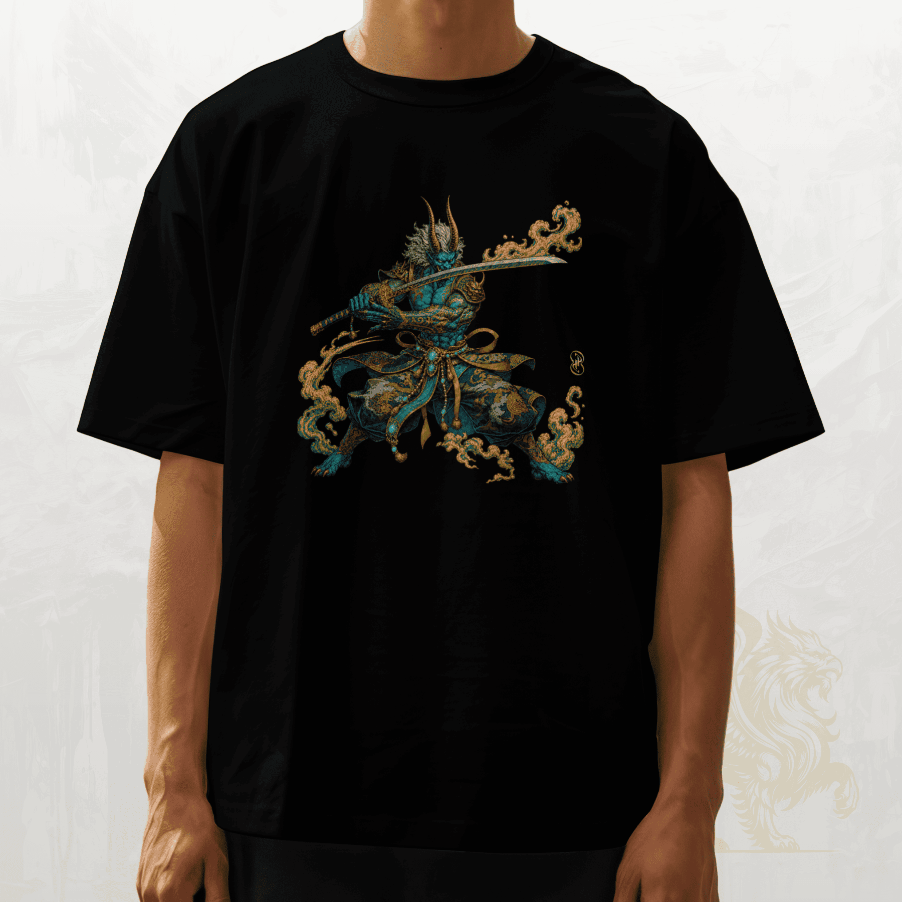 Black t-shirt with a Oni Warrior design on a white background