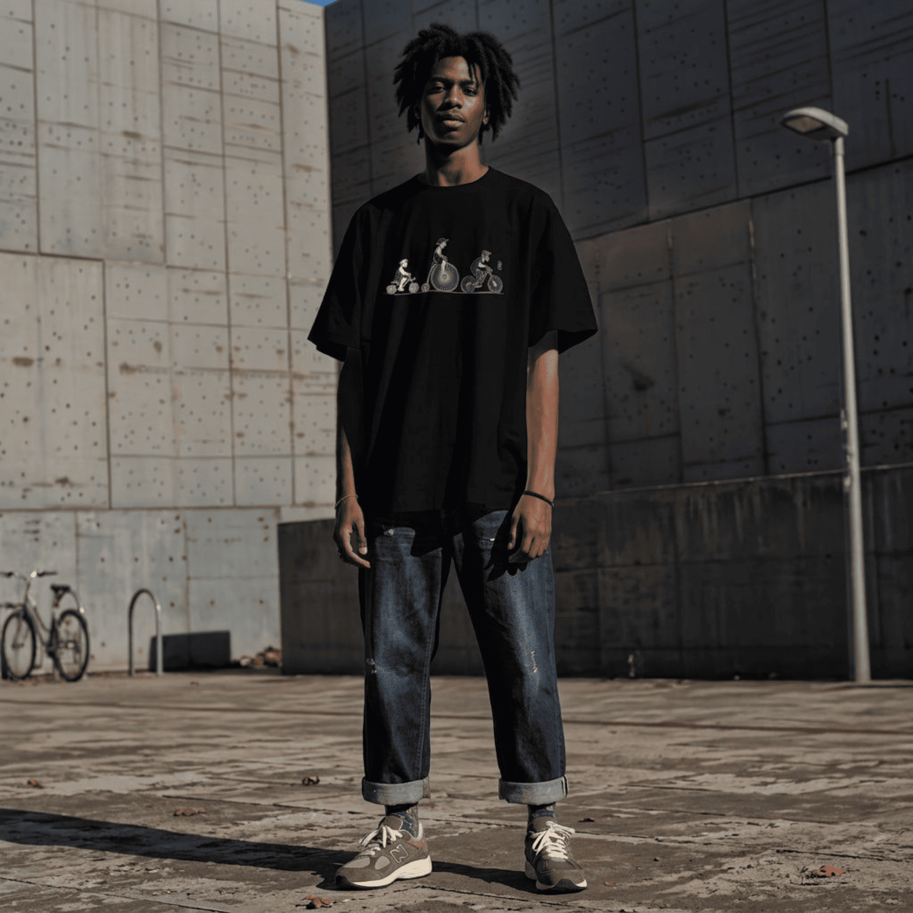 A man wearing a black graphic t-shirt, cuffed blue jeans, and grey sneakers stands in front of a concrete wall in an outdoor urban setting.