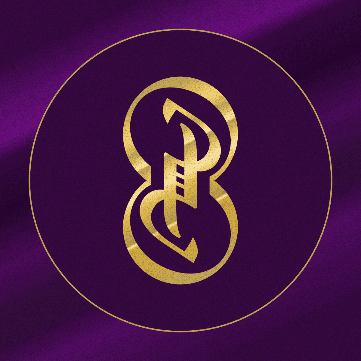 Gold logo on a purple background