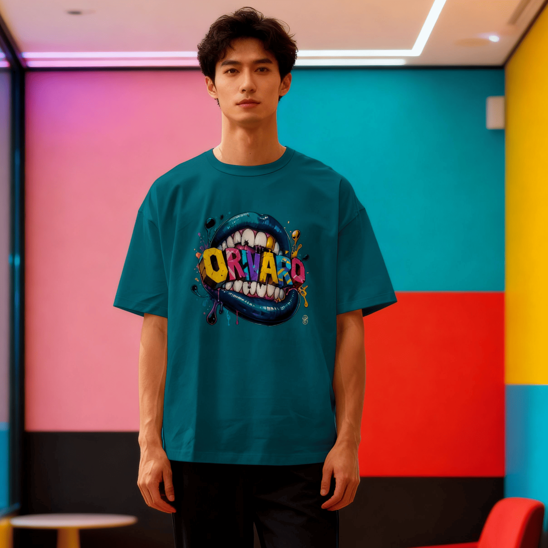 A man wearing a teal graphic t-shirt with a colourful shark mouth design and the word 'ORIVARO' printed on the front, standing in front of a brightly coloured, multi-coloured wall.