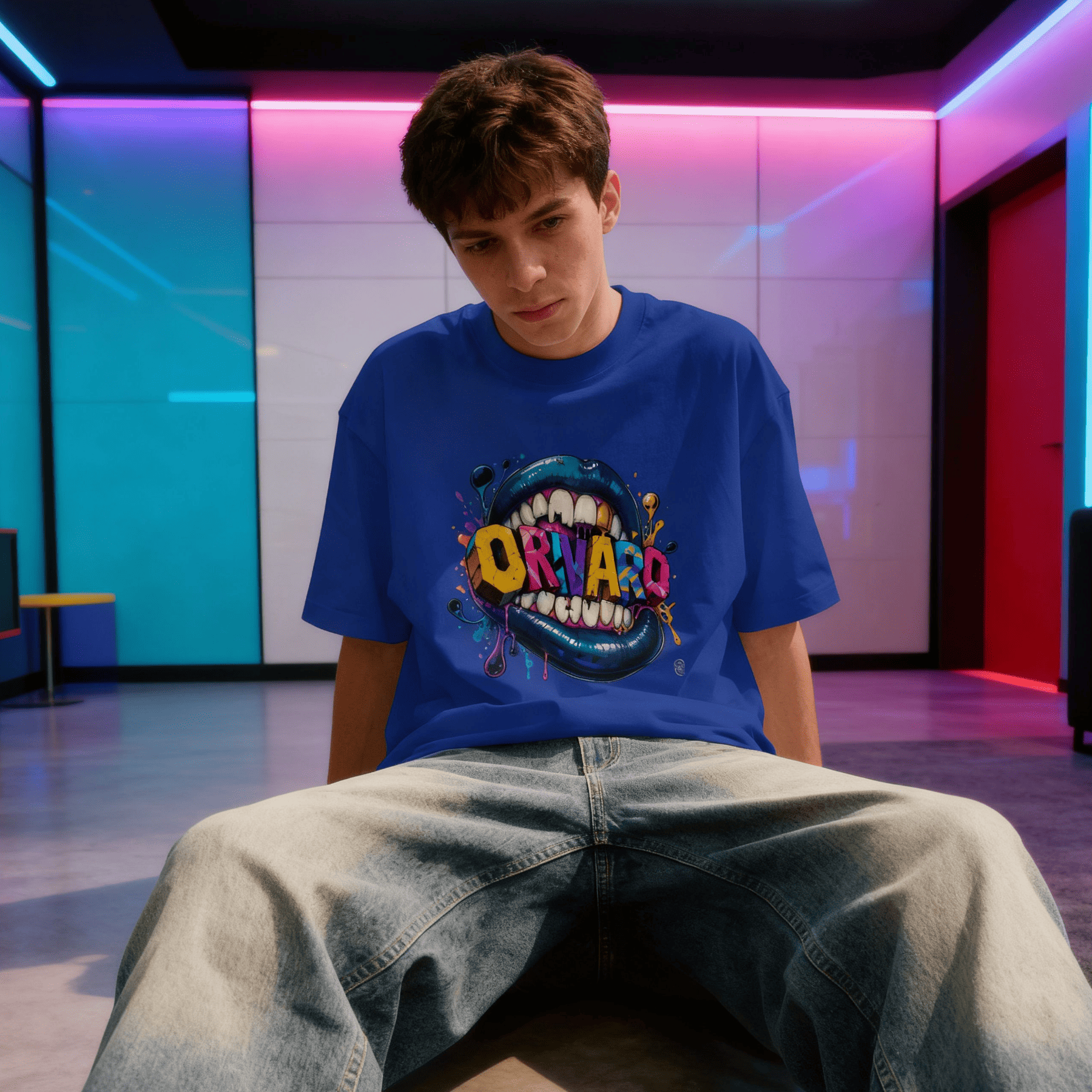 A young man wearing a blue graphic t-shirt with a colourful cartoon mouth design and the word 'ORIVARO' in multi-coloured letters, paired with light-wash jeans, sitting in a modern room with neon-lit walls.