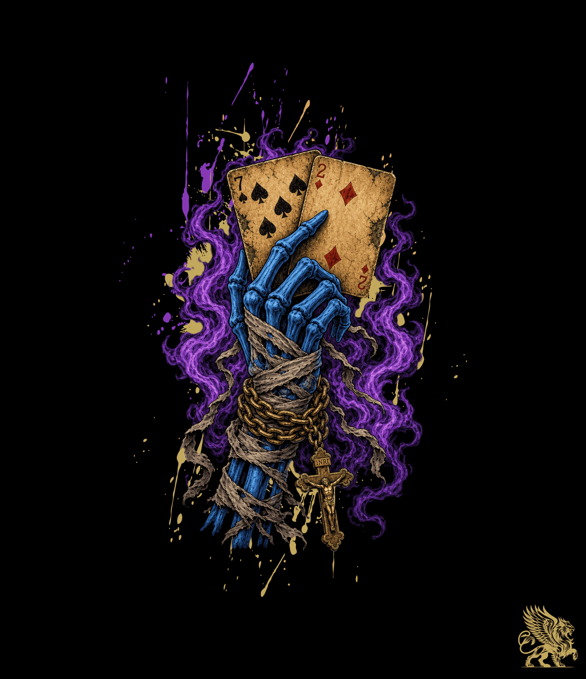 A stylized graphic illustration of a blue skeletal hand bound with rope, holding a cracked playing card above a gold cross, surrounded by purple paint splashes and gold accents on a black background.