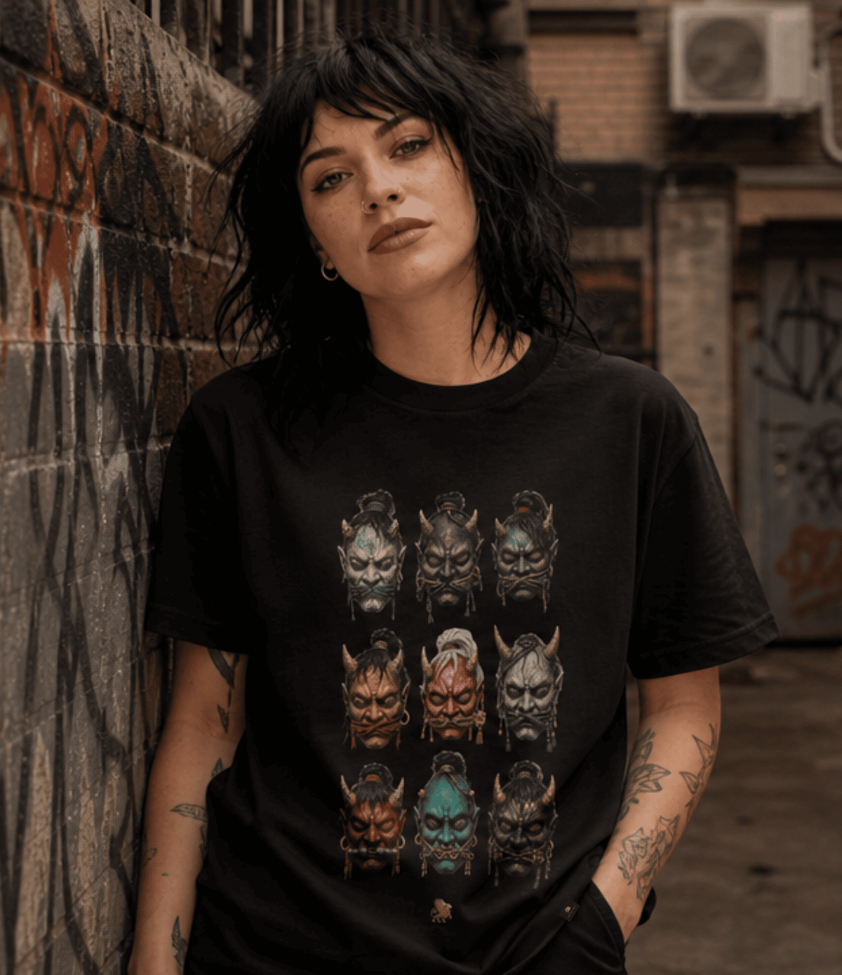 A woman with dark hair and tattoos wearing a black graphic t-shirt with a grid of colourful Oni masks, standing against a graffiti-covered brick wall in an urban alley.