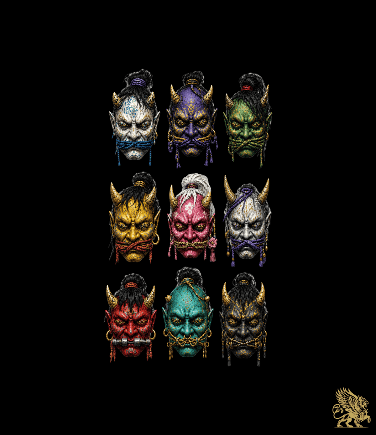 Nine colorful Japanese Oni masks arranged in a 3x3 grid on a solid black background, with a small gold ORIVARO griffin logo in the bottom right corner.