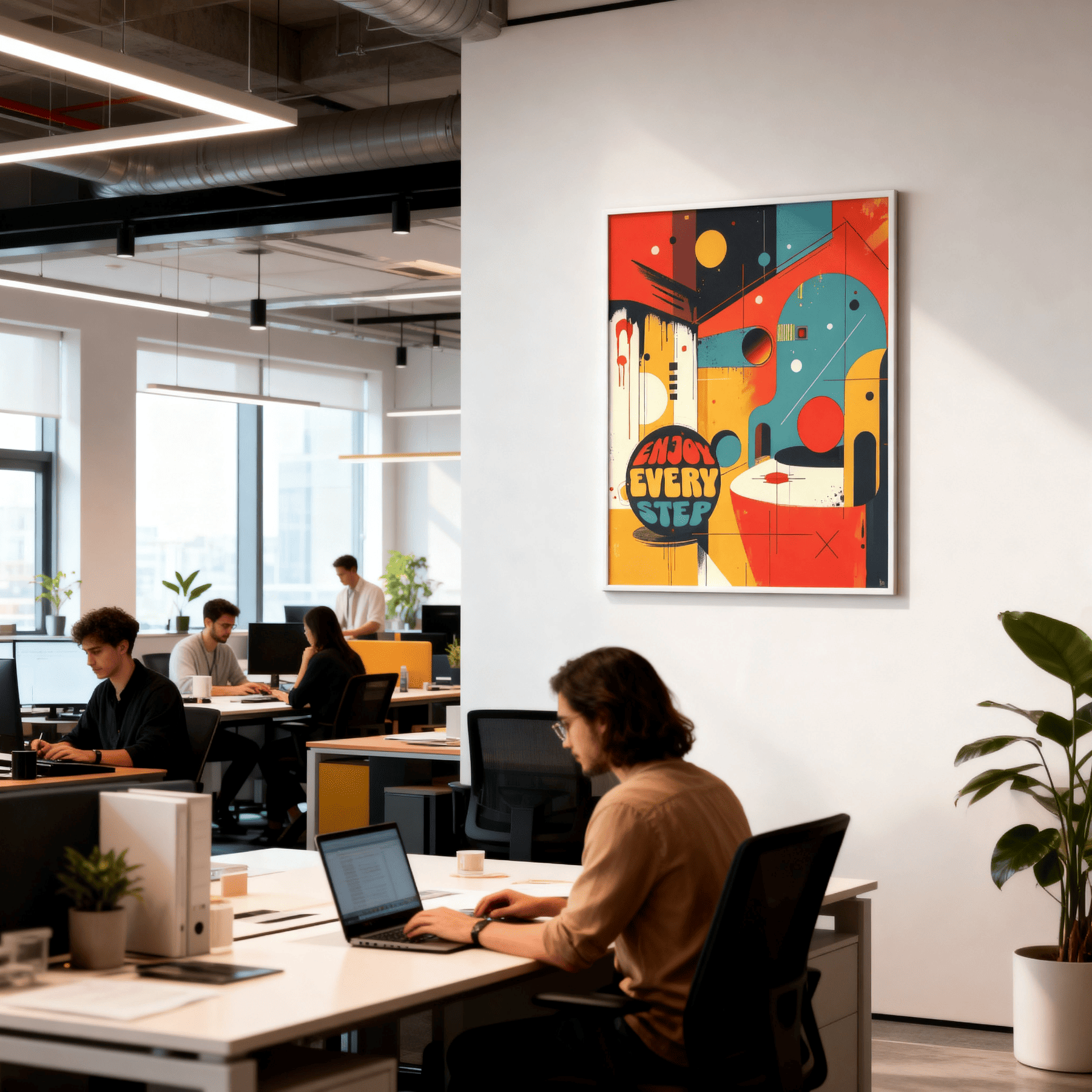 Modern office with people working at desks and a colorful abstract painting on the wall.