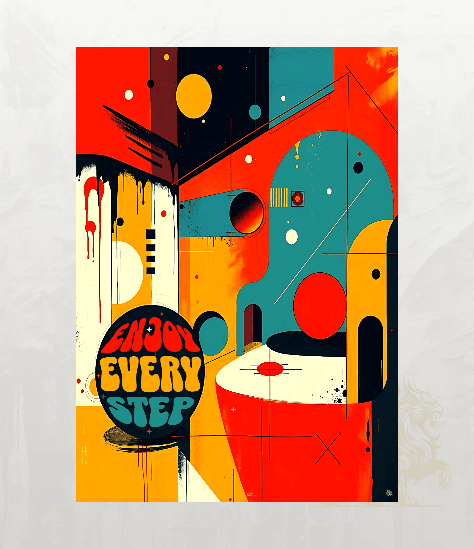 A square abstract art print featuring a bold geometric design in red, orange, teal, yellow, black, and white, with the text 'ENJOY EVERY STEP' inside a circular element near the lower left, shown against a light textured background.