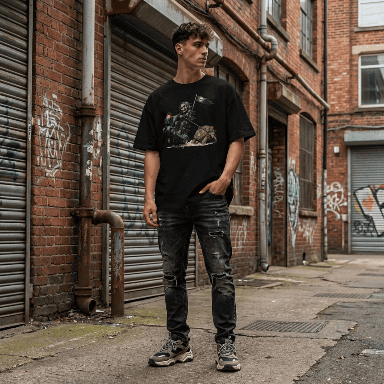 A man stands on an urban street wearing a black graphic t-shirt, distressed black jeans, and grey sneakers, with brick buildings and metal roll-up doors in the background.