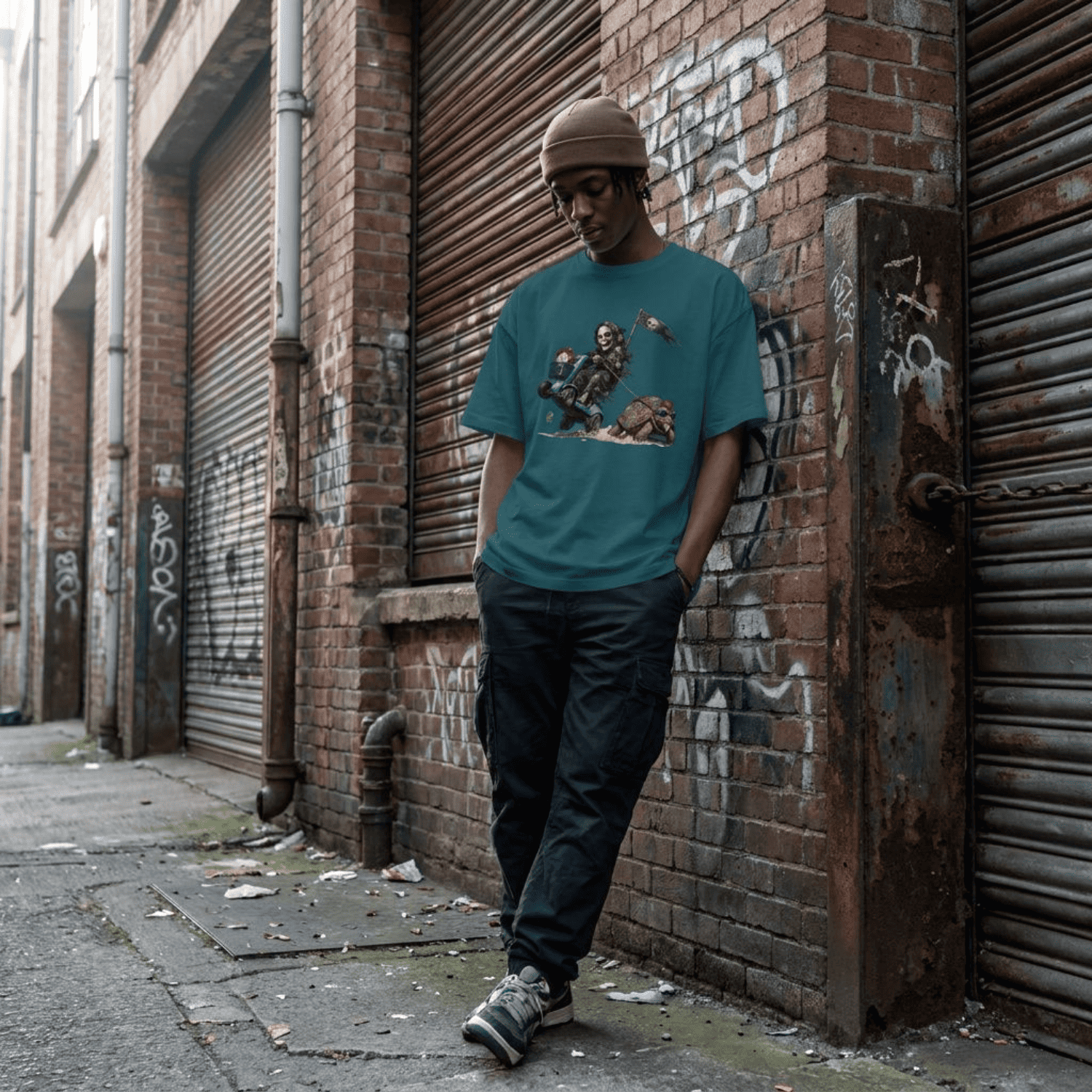 A man wearing a teal graphic t-shirt, dark cargo pants, and a tan beanie leans against a brick wall with closed metal roll-up doors in an urban alleyway.