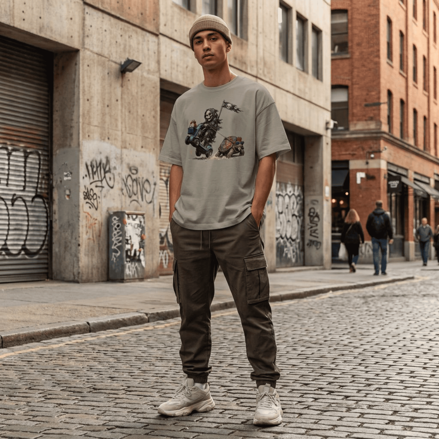 A man stands on a cobblestone city street wearing an oversized light grey graphic T-shirt, dark cargo pants, a beige beanie, and white sneakers. Graffiti-covered concrete and brick buildings line the background.