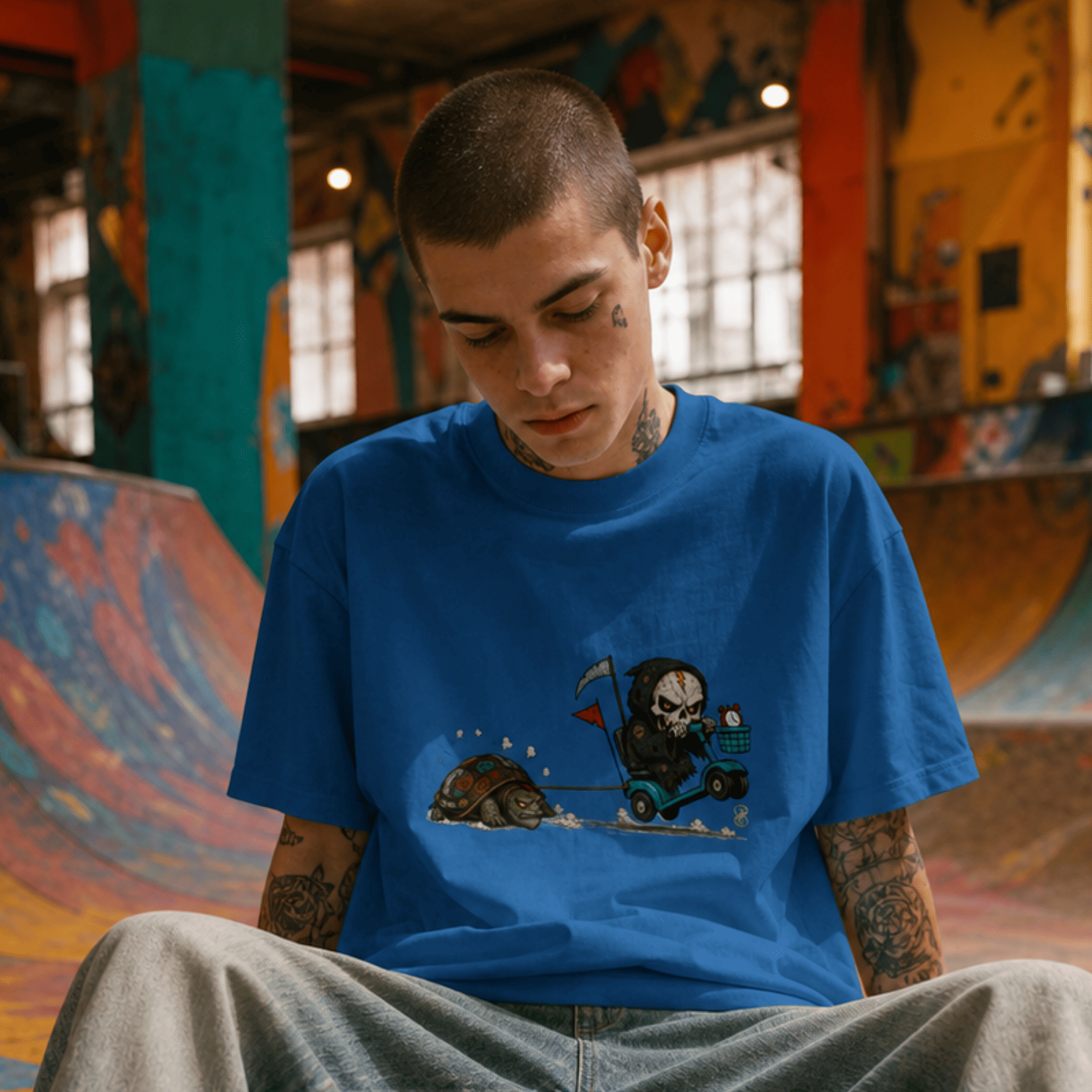 Person wearing a blue t-shirt with a graphic design in an indoor skate park.