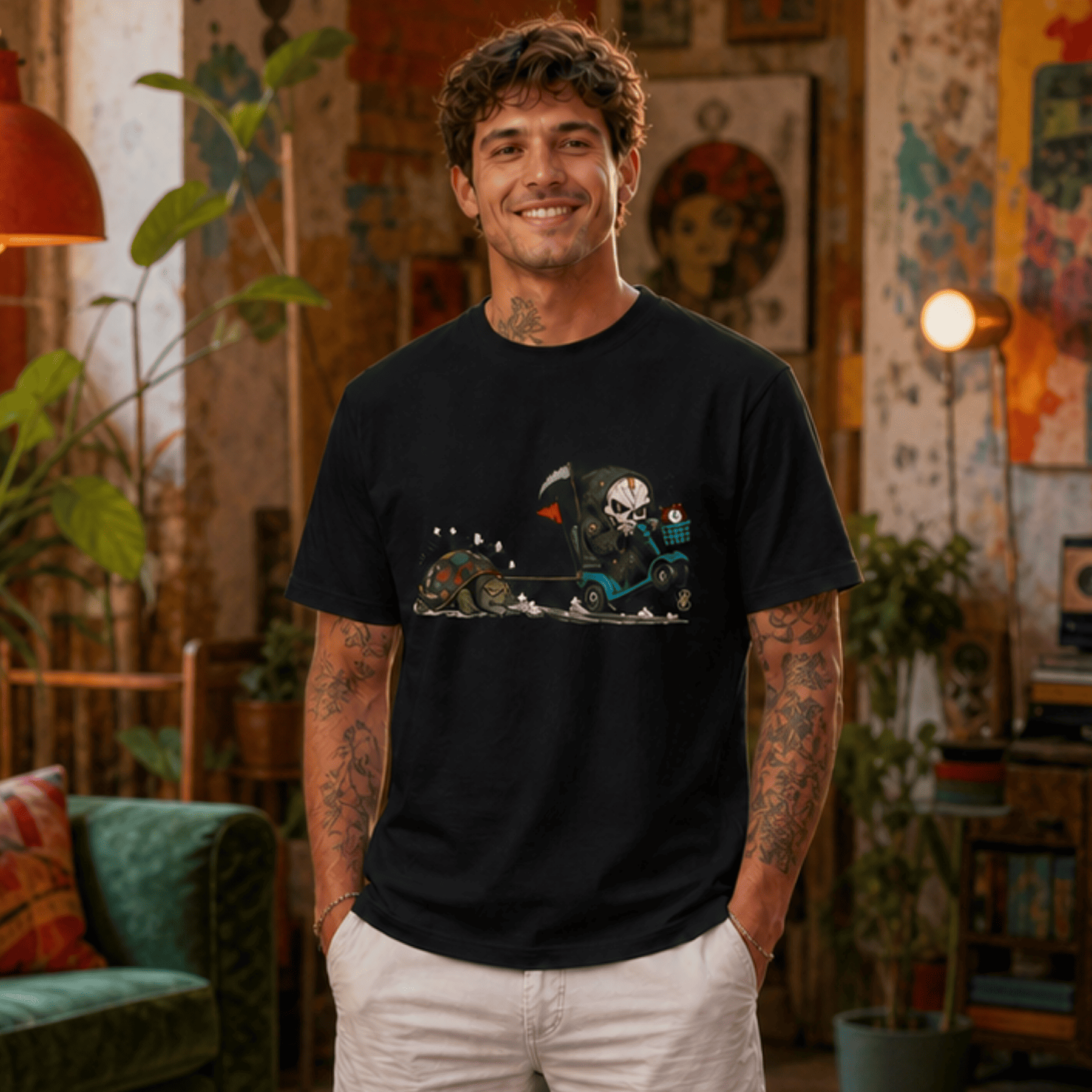 Man wearing a black t-shirt with a graphic design in a colorful room.