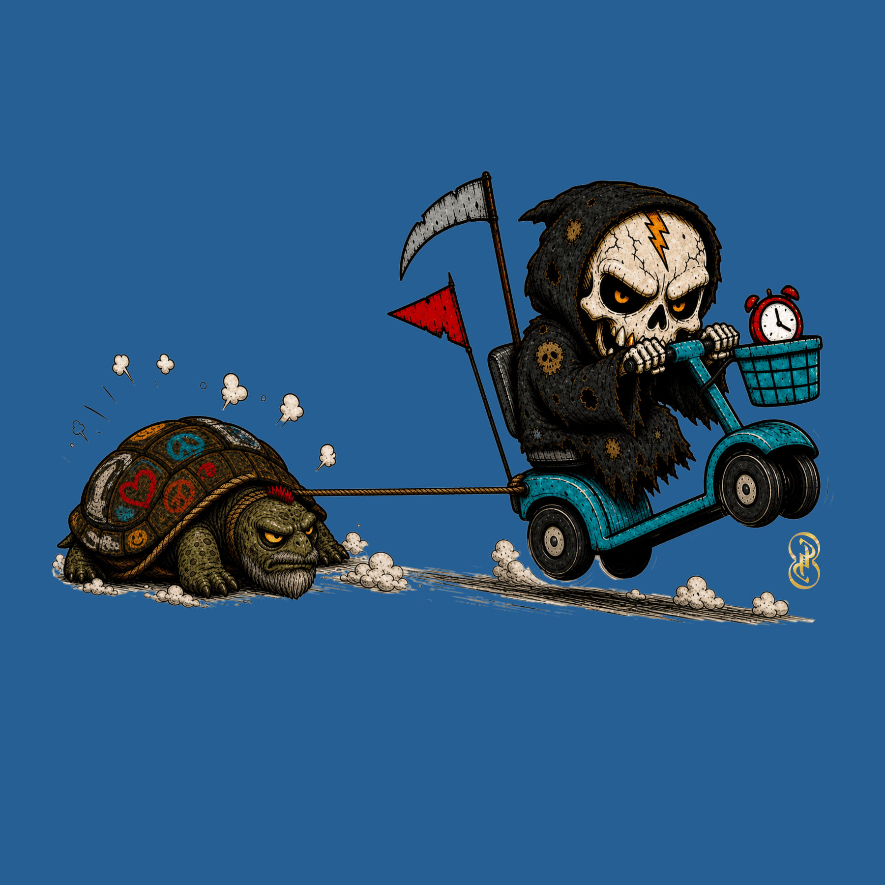 Cartoon skeleton on a scooter pulling a tortoise with a blue background