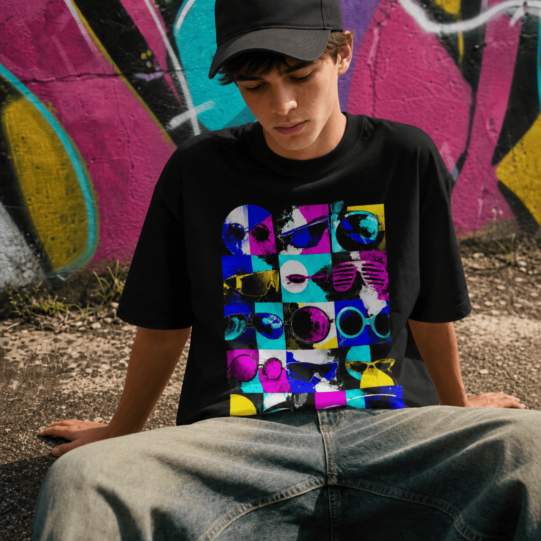 A young man wearing a black t-shirt with a colourful graphic print of sunglasses, sitting outdoors in front of a graffiti wall.