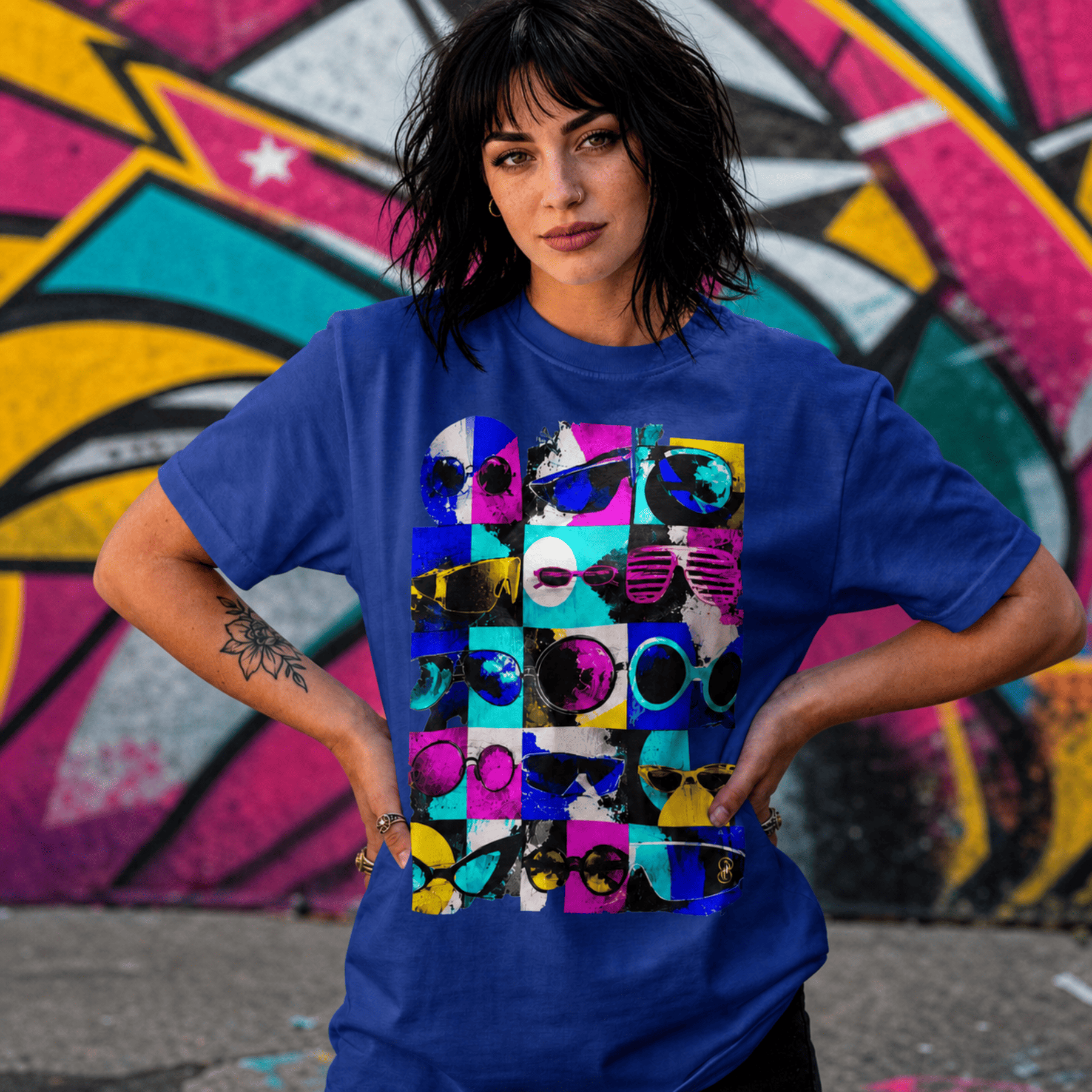 A woman wearing a royal blue t-shirt with a colourful graphic print of sunglasses, posed in front of a vibrant graffiti wall.