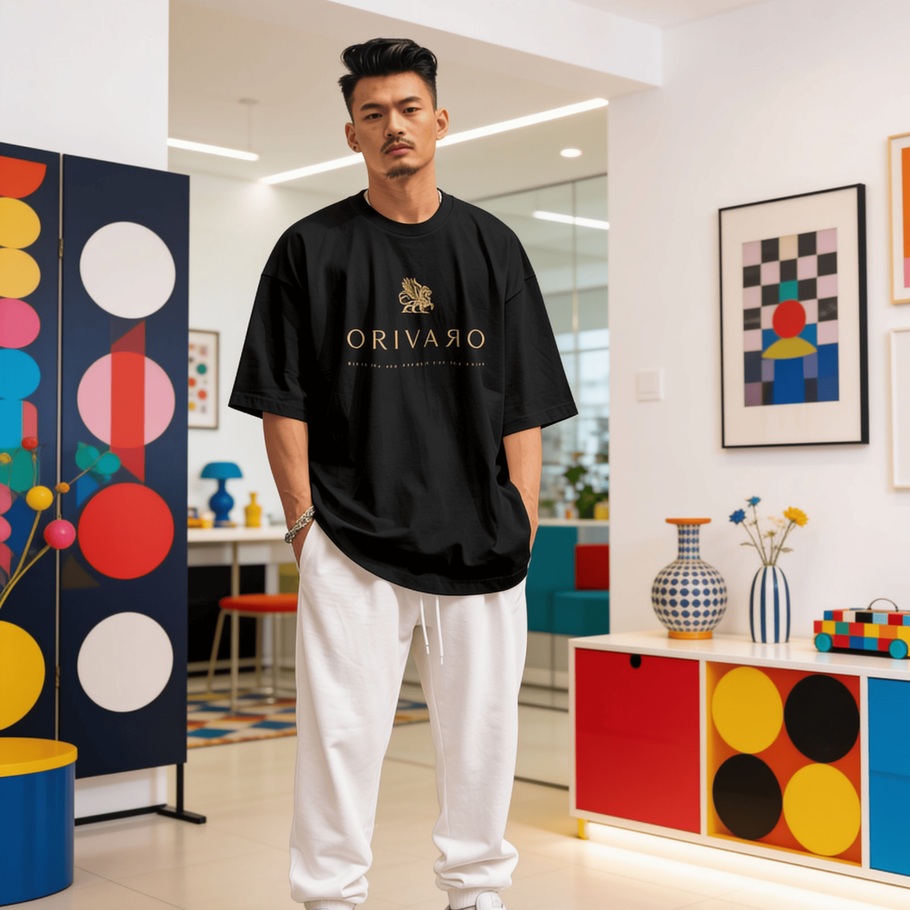 A man wearing a black oversized t-shirt with a gold 'ORIVARO' logo and white sweatpants, standing in a brightly lit, modern room with colorful geometric decor.