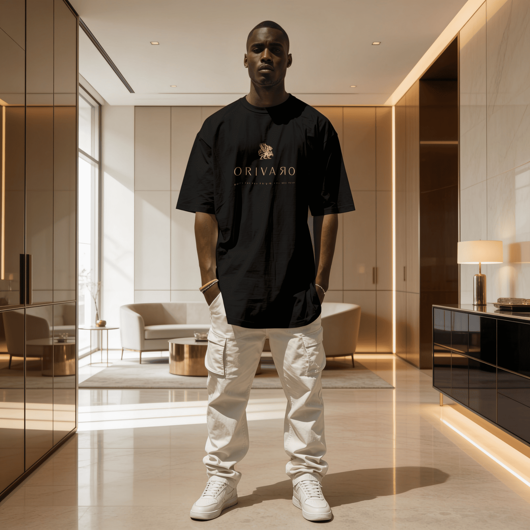 A man stands in a modern, upscale interior wearing an oversized black t-shirt with a gold 'ORIVARO' logo and white cargo pants.
