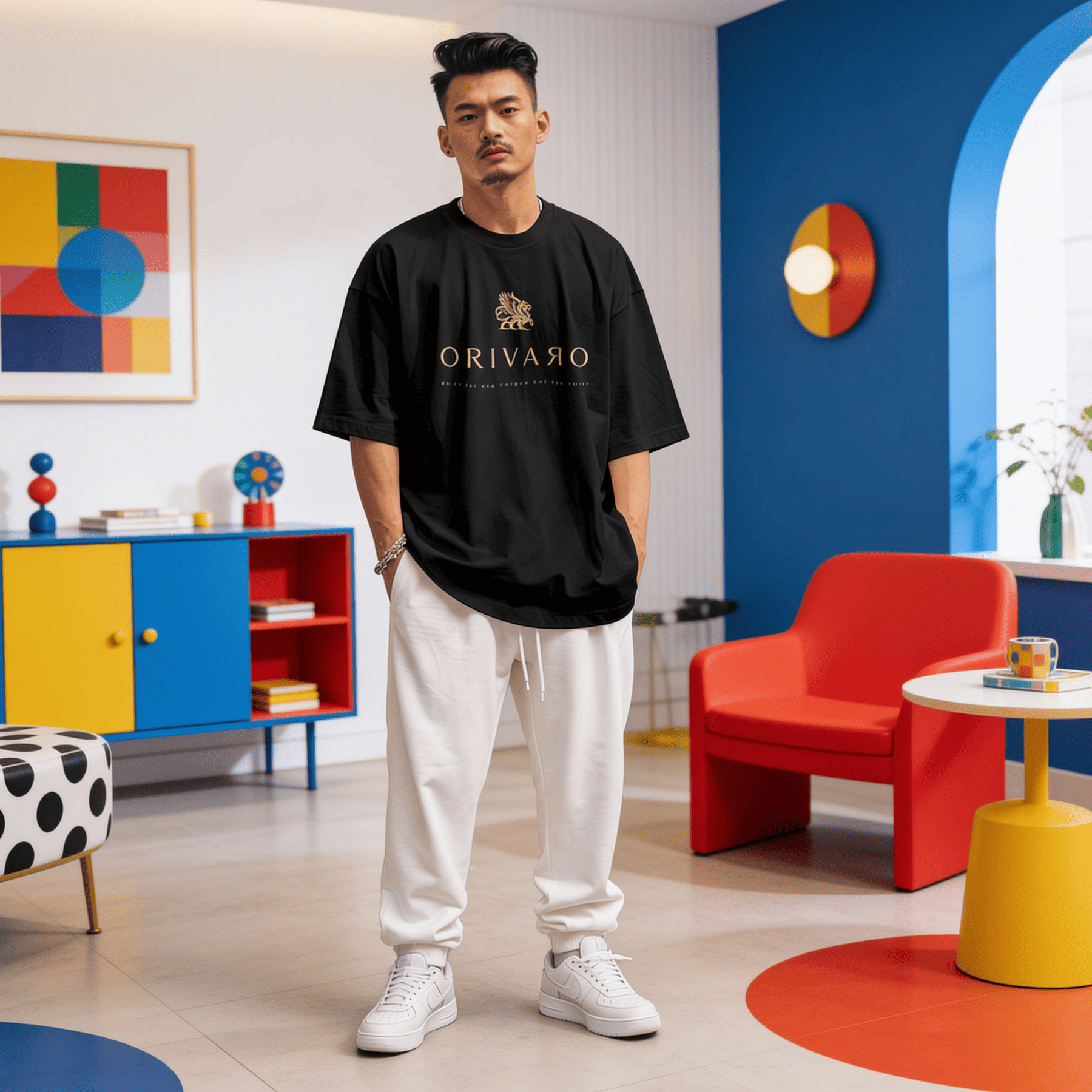 A man stands in a brightly coloured room wearing a black oversized t-shirt with a gold 'ORIVARO' logo, white sweatpants, and white sneakers.