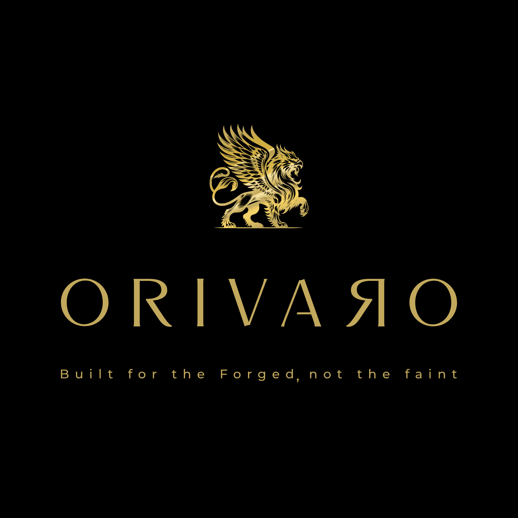 Gold logo for ORIVARO featuring a winged lion emblem above the brand name and the tagline 'Built for the Forged, not the faint' on a solid white background.