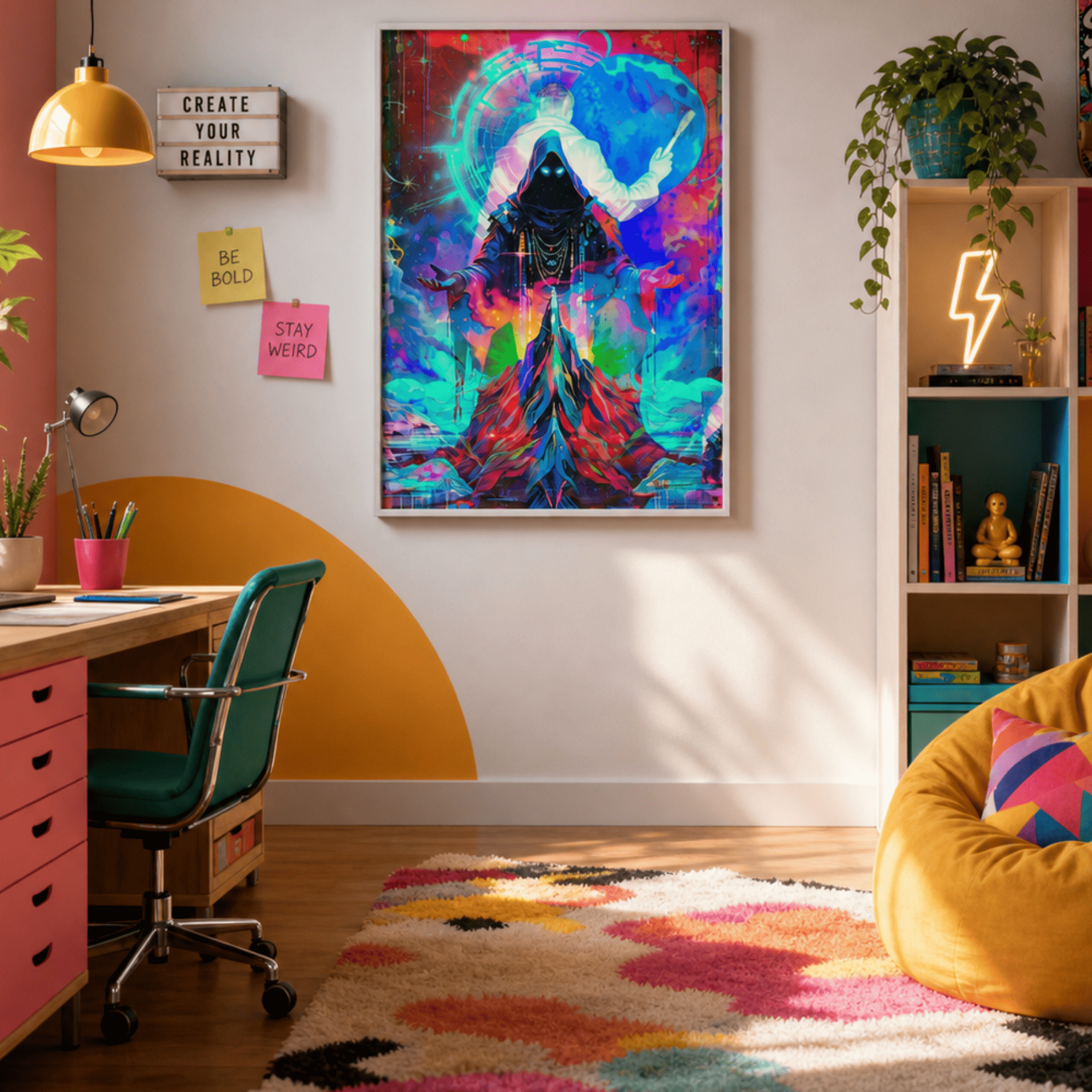 Colorful room with a desk, chair, and vibrant artwork on the wall.