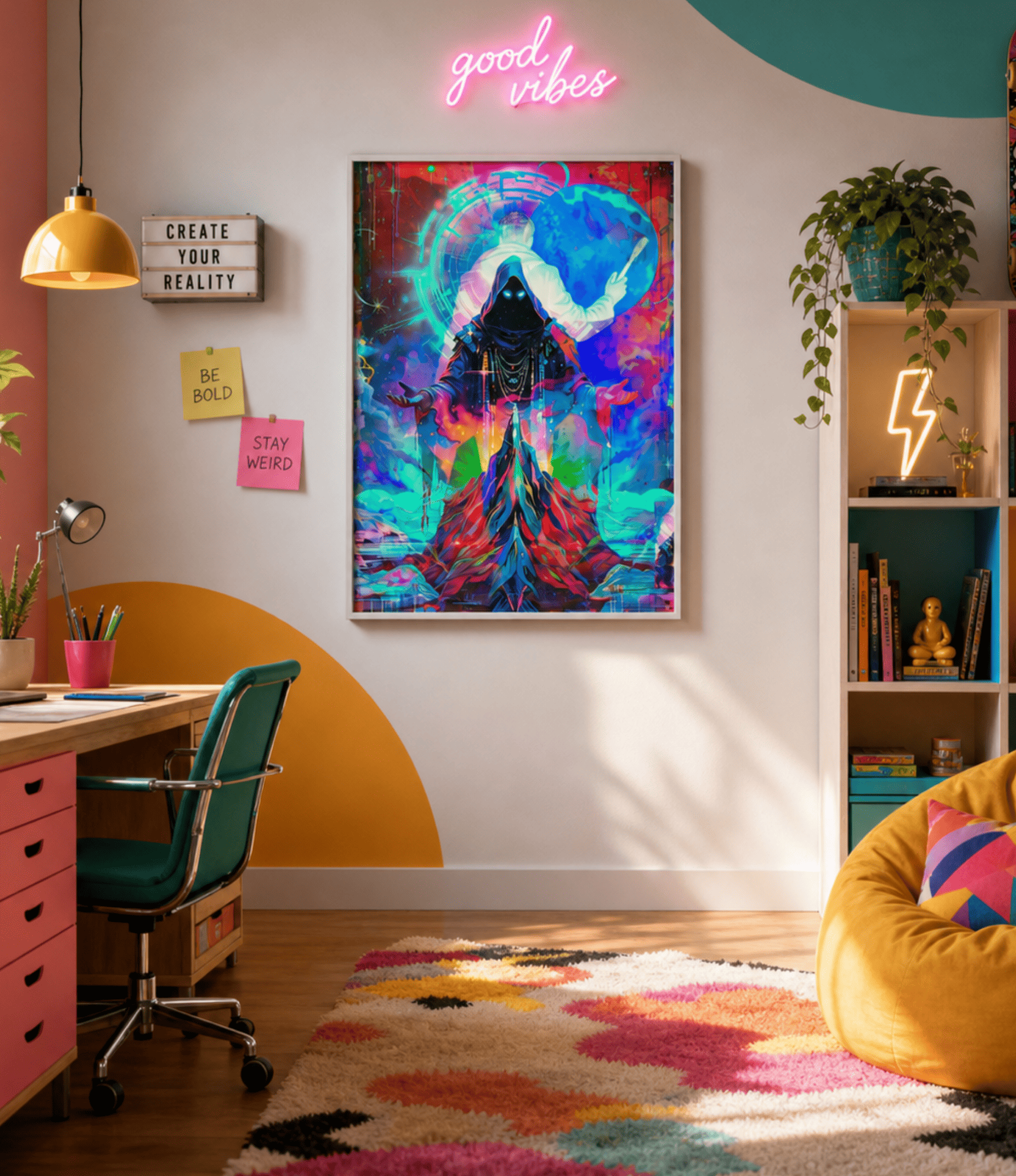 A colourful framed abstract art print featuring a stylized figure and glowing moon, displayed on a wall in a modern, brightly lit room with a desk, chair, beanbag, and neon lights.
