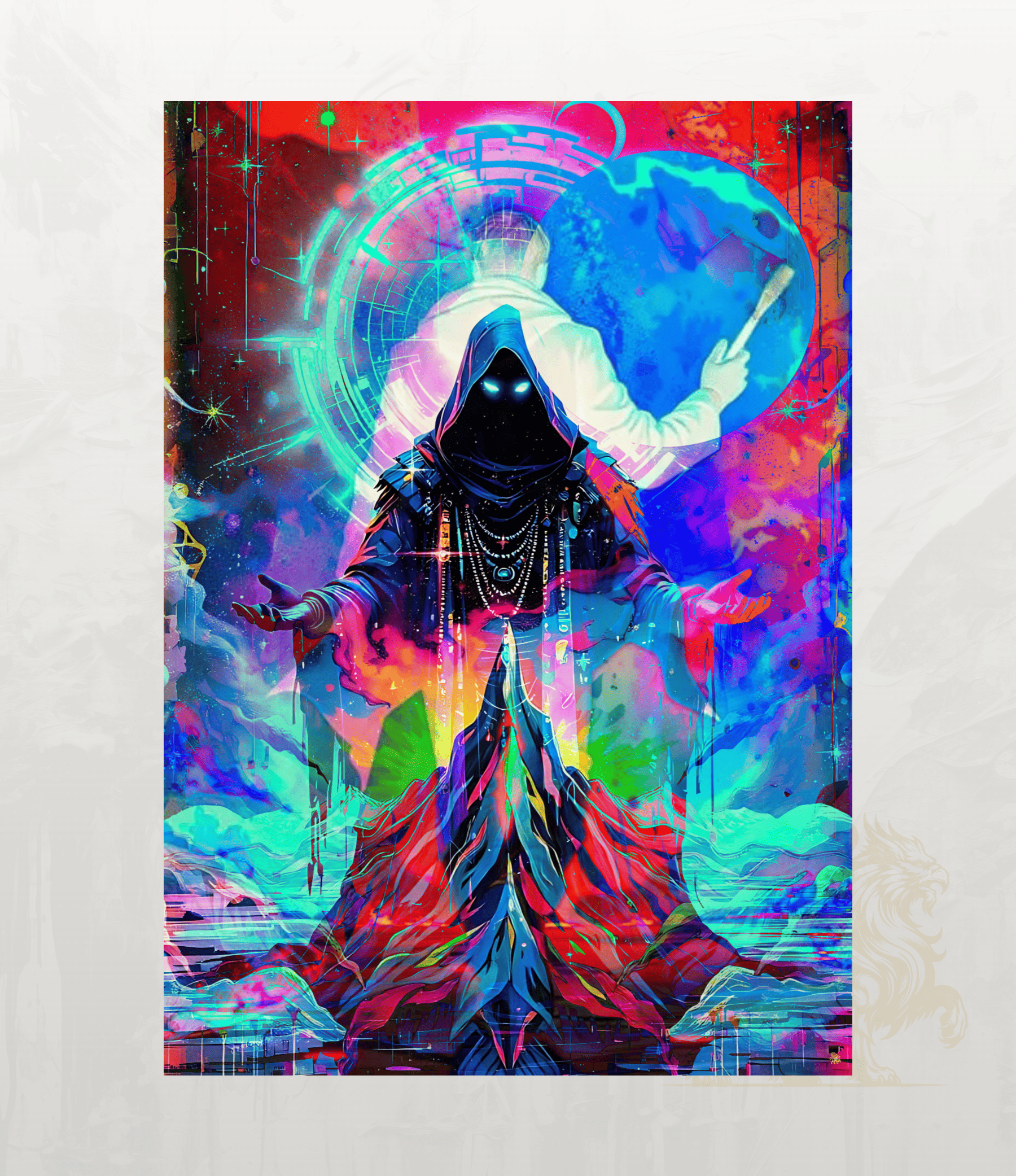 A vertical art print featuring a vibrant, psychedelic digital illustration of a hooded figure with glowing eyes, surrounded by cosmic elements, a large blue planet, and colourful abstract patterns on a light textured background.