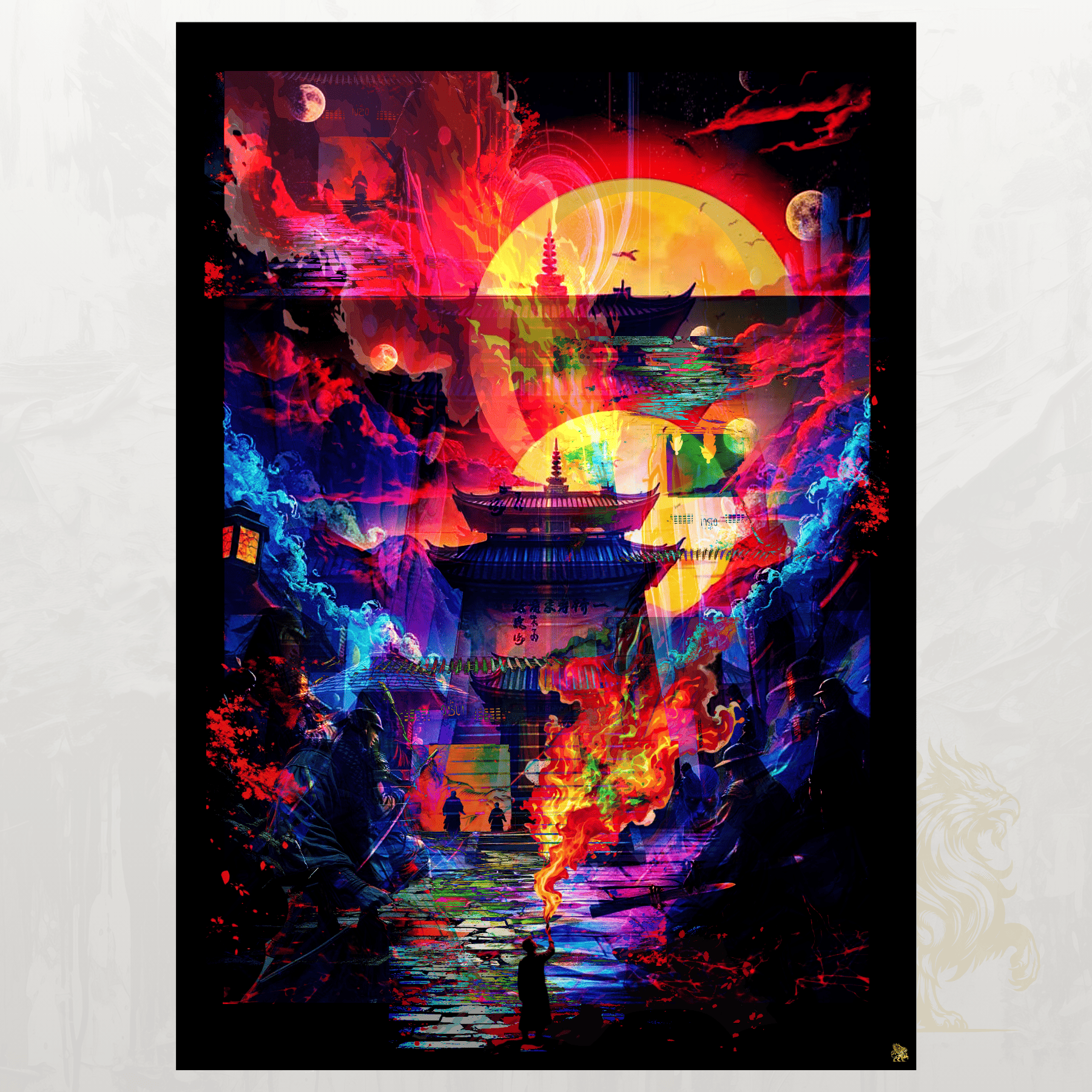 Colorful abstract art print with a fantasy scene featuring a bridge and moonlit sky.