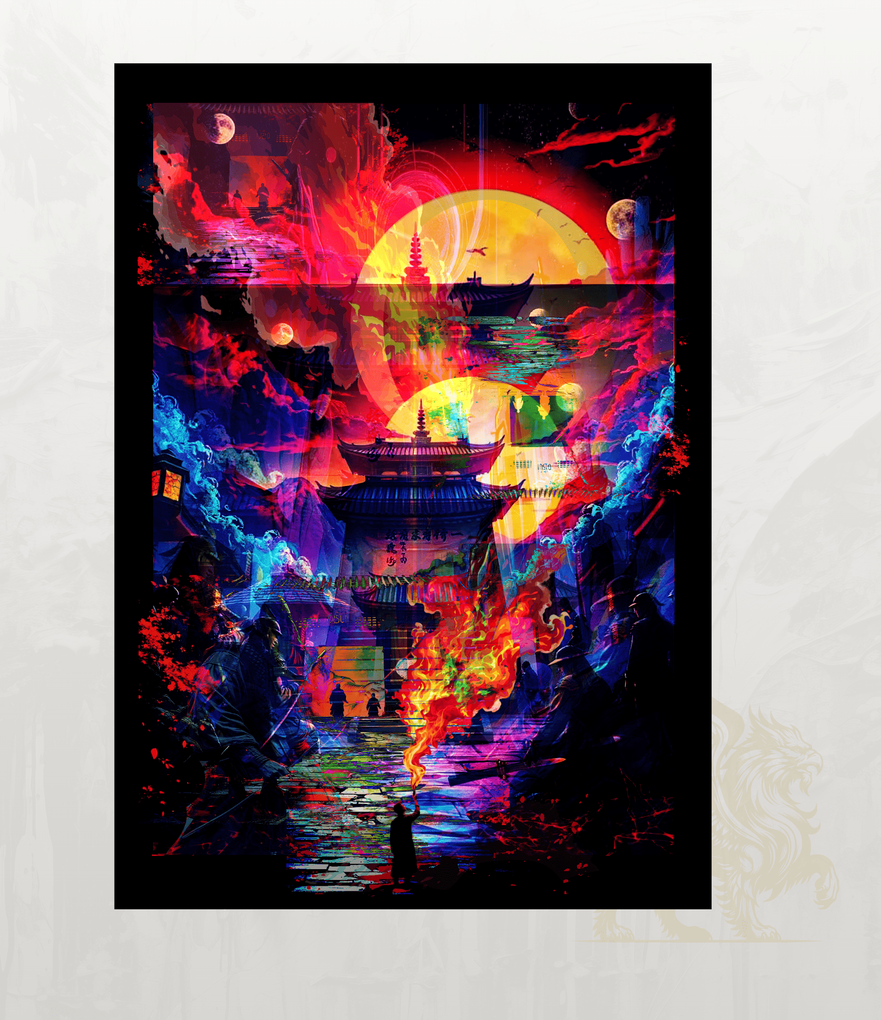 A vertical art print featuring a highly colourful, abstract digital painting of a Japanese pagoda, a large glowing yellow sun, and dramatic red, blue, and purple light effects, displayed against a light textured background.