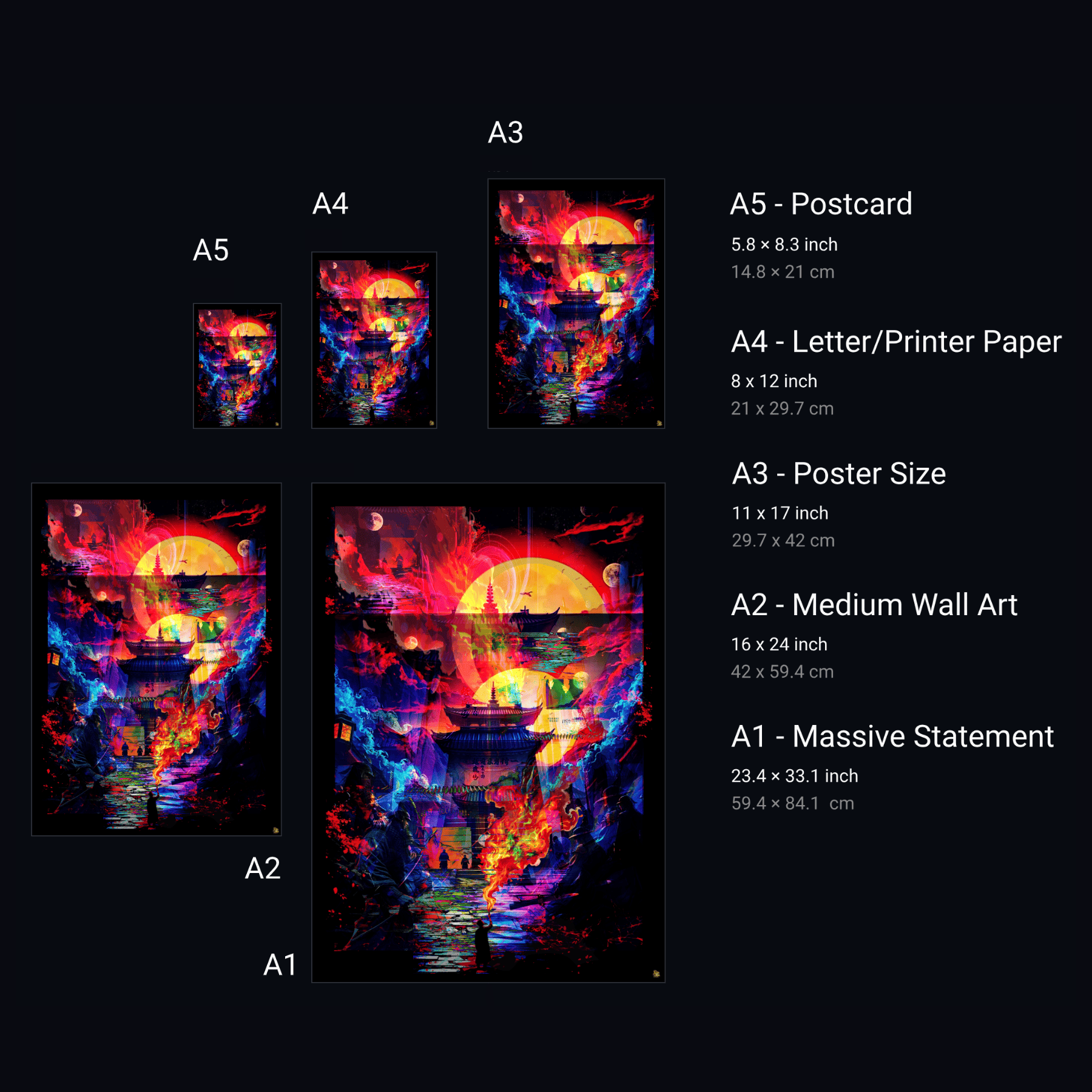 Size chart for a colorful abstract art piece with dimensions displayed.