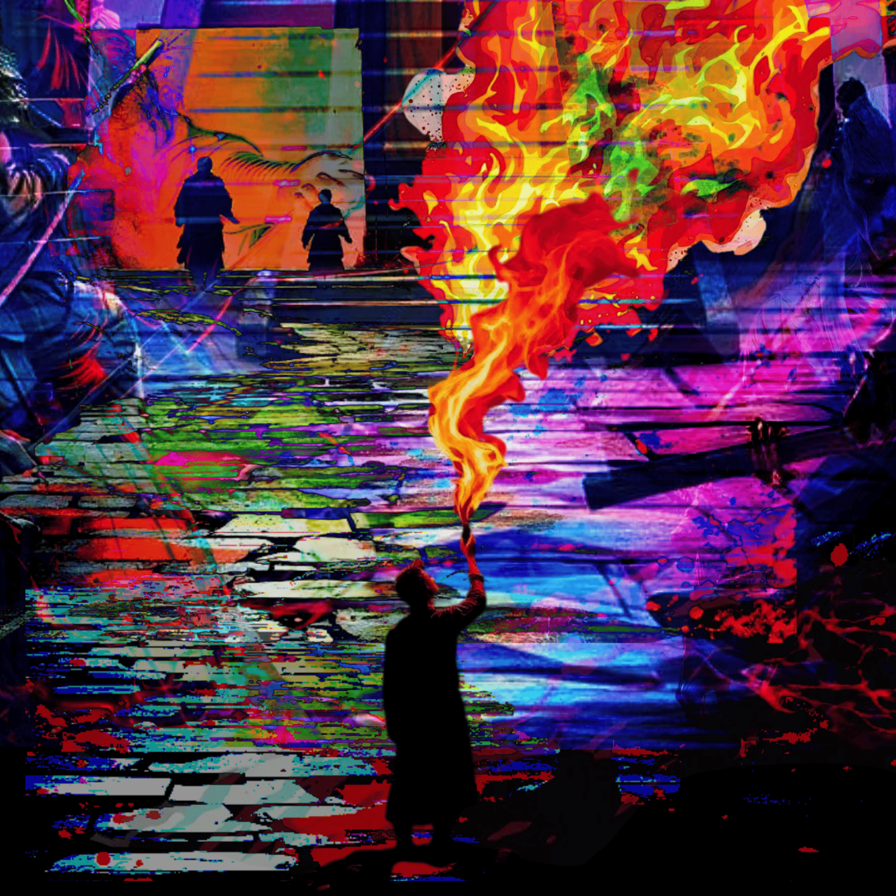 Artistic depiction of a person holding a flaming torch in a colorful, abstract setting.