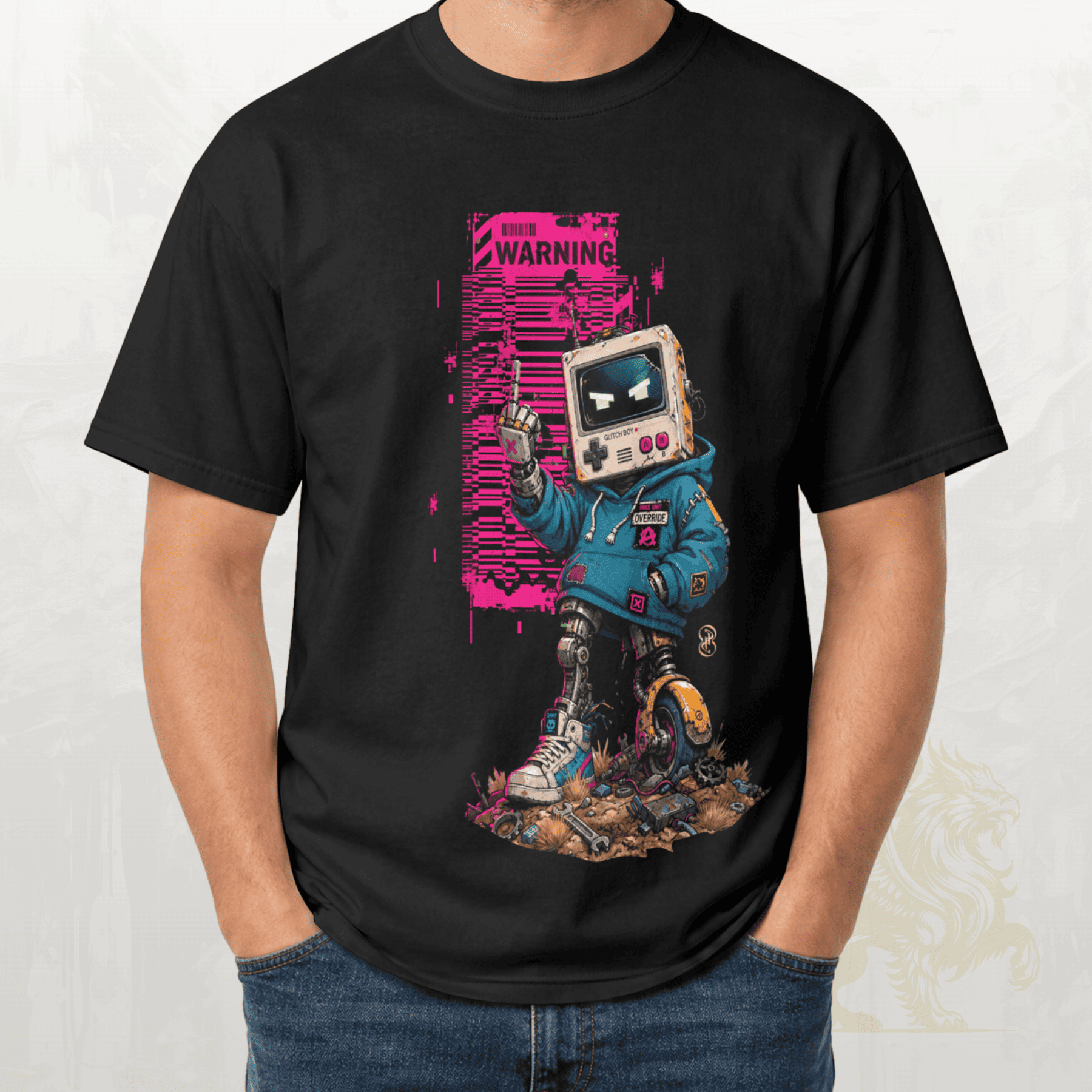 A man wearing a black short-sleeve t-shirt with a colourful graphic of a retro computer mouse in a blue astronaut suit, standing in front of a pink warning sign.