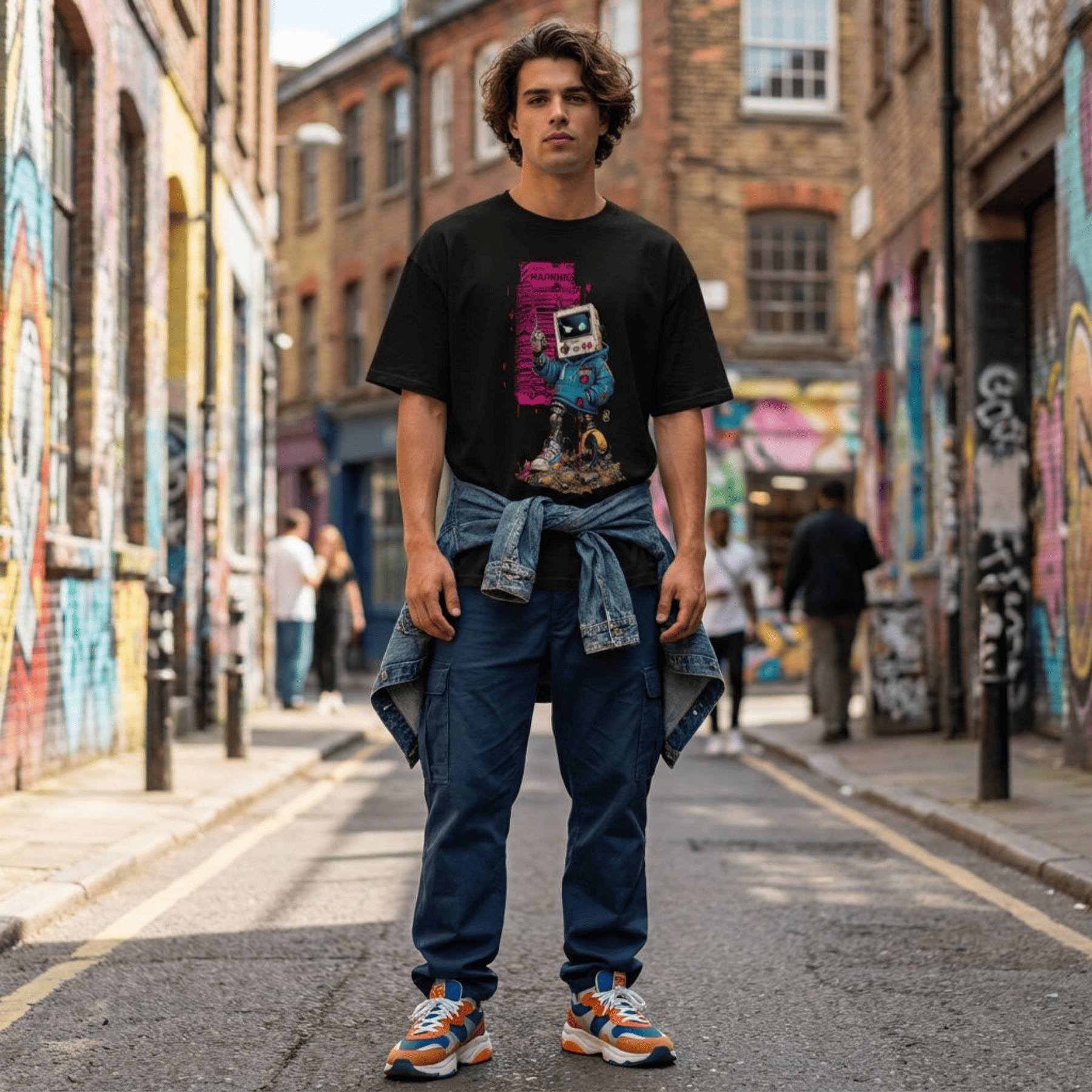 A man stands in the middle of a graffiti-lined urban street wearing a black graphic t-shirt with a retro robot design, blue jeans, and orange and white sneakers.