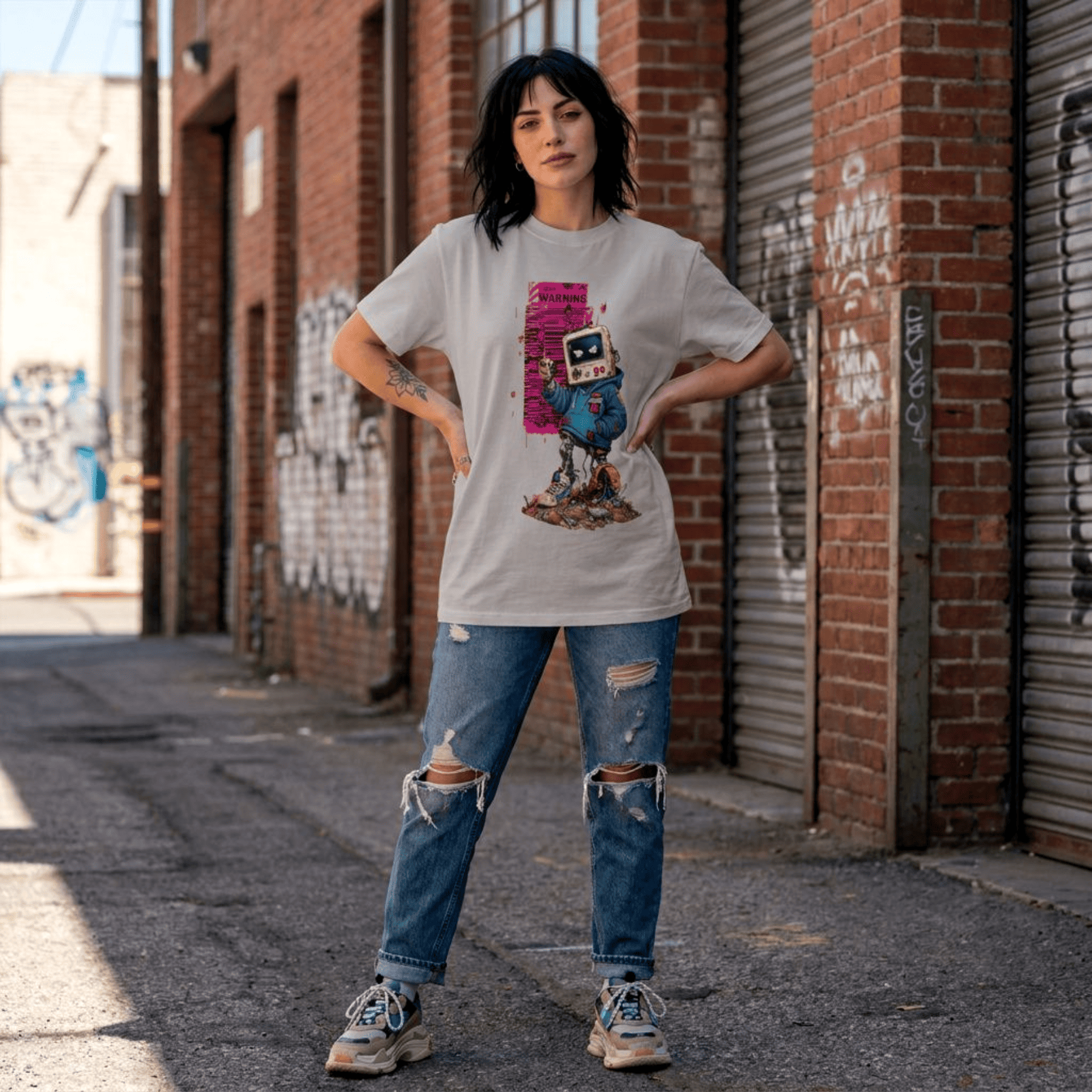 A woman stands in an urban alleyway wearing a light grey graphic t-shirt with a colourful cartoon robot design, distressed blue jeans, and sneakers.
