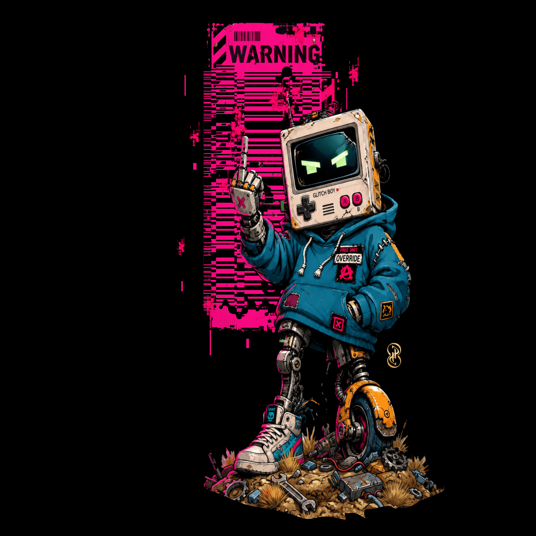 A stylized robot character wearing a blue hoodie and white sneakers stands on a pile of debris in front of a bright pink warning graphic on a black background.