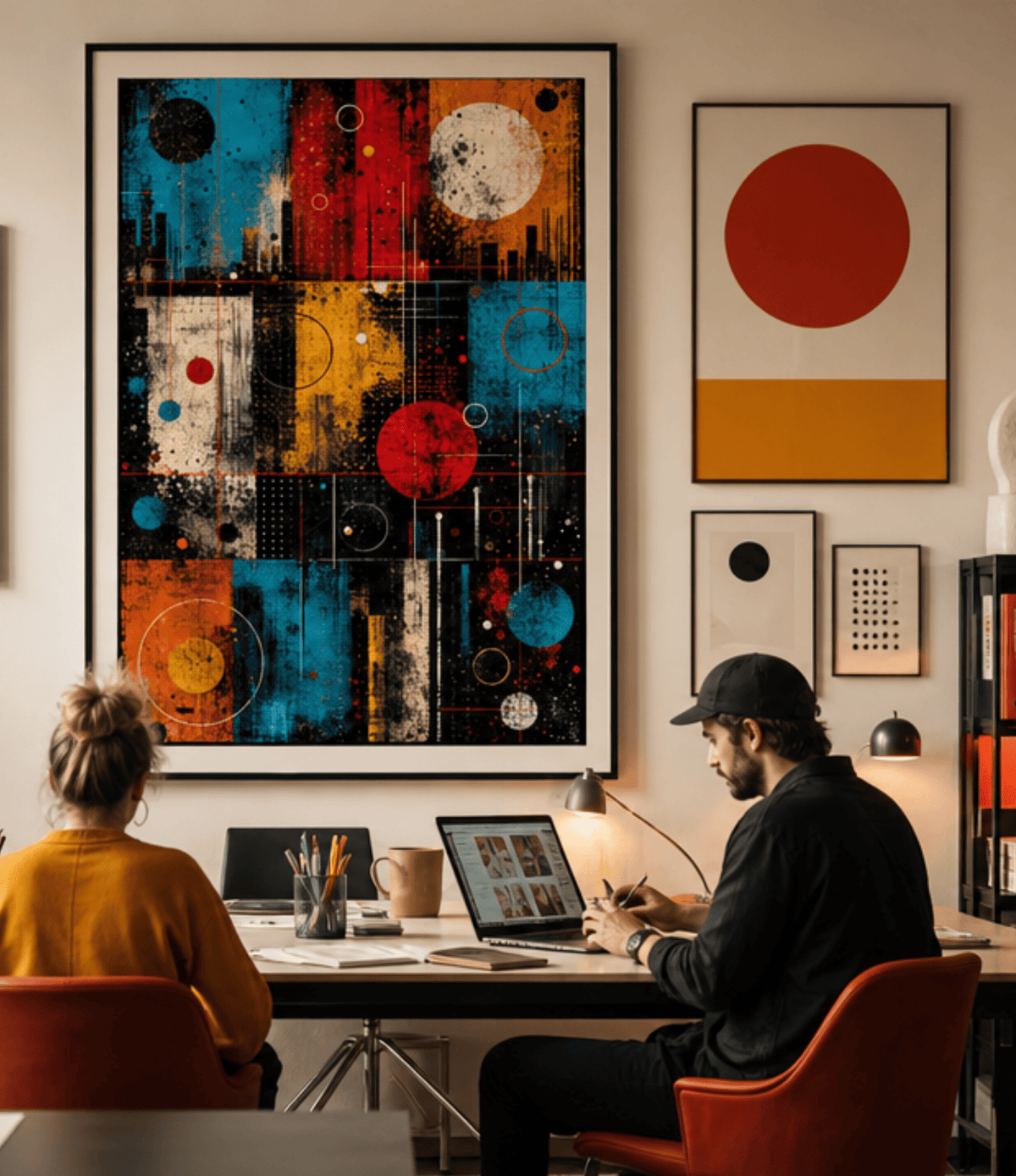 A large framed abstract art print with vibrant red, blue, yellow, and black geometric patterns hangs on a beige wall in a modern office setting. Two people are seated at a desk below, working on laptops, with smaller framed art pieces on the right.