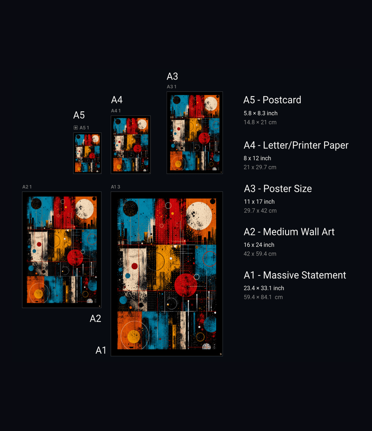 A size comparison chart showing multiple art print formats labelled A1 through A5, including postcard, letter/printer paper, poster size, medium wall art, and massive statement sizes, with abstract multicolour artwork and dimensions on a black background.