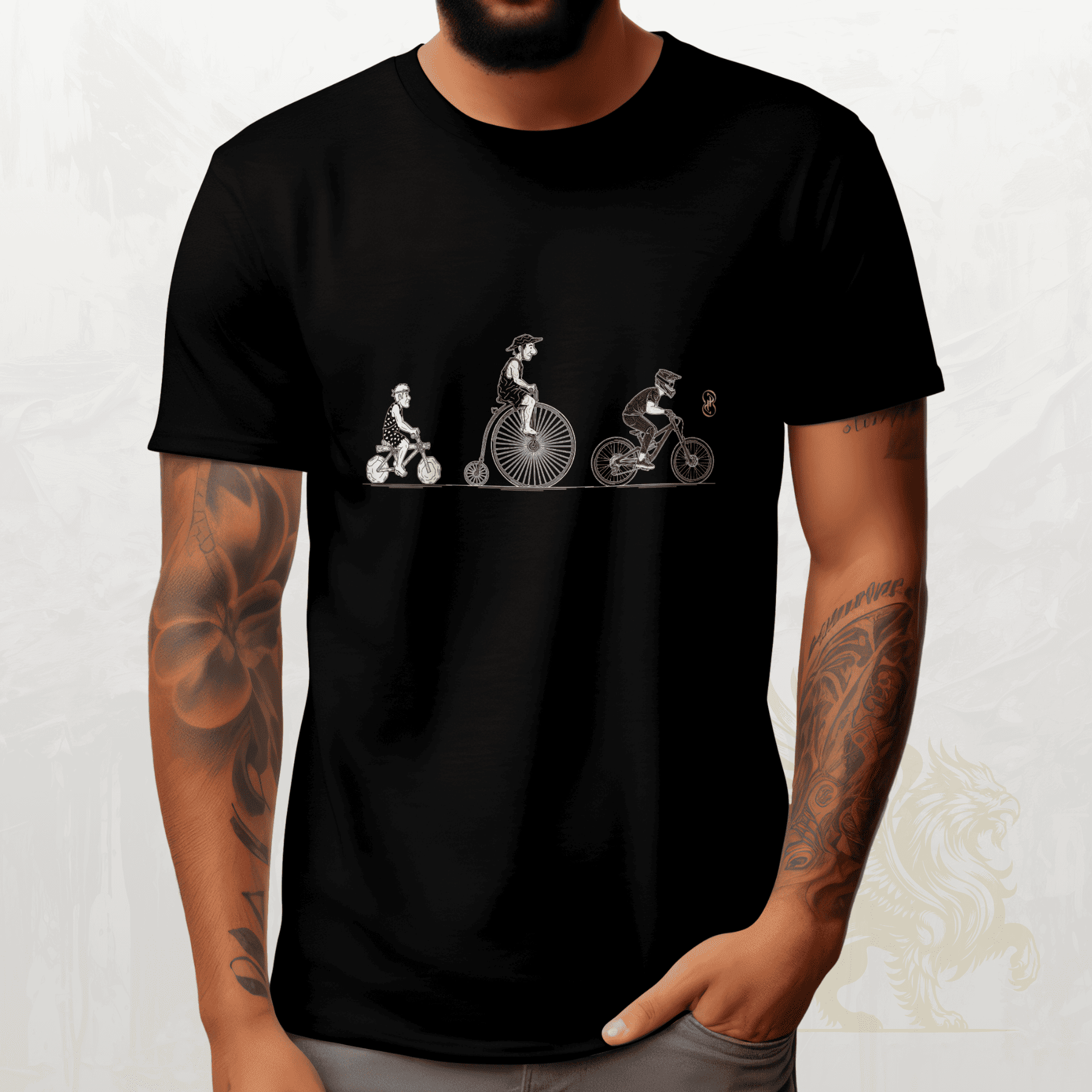 Person wearing a black t-shirt with a graphic design on a white background