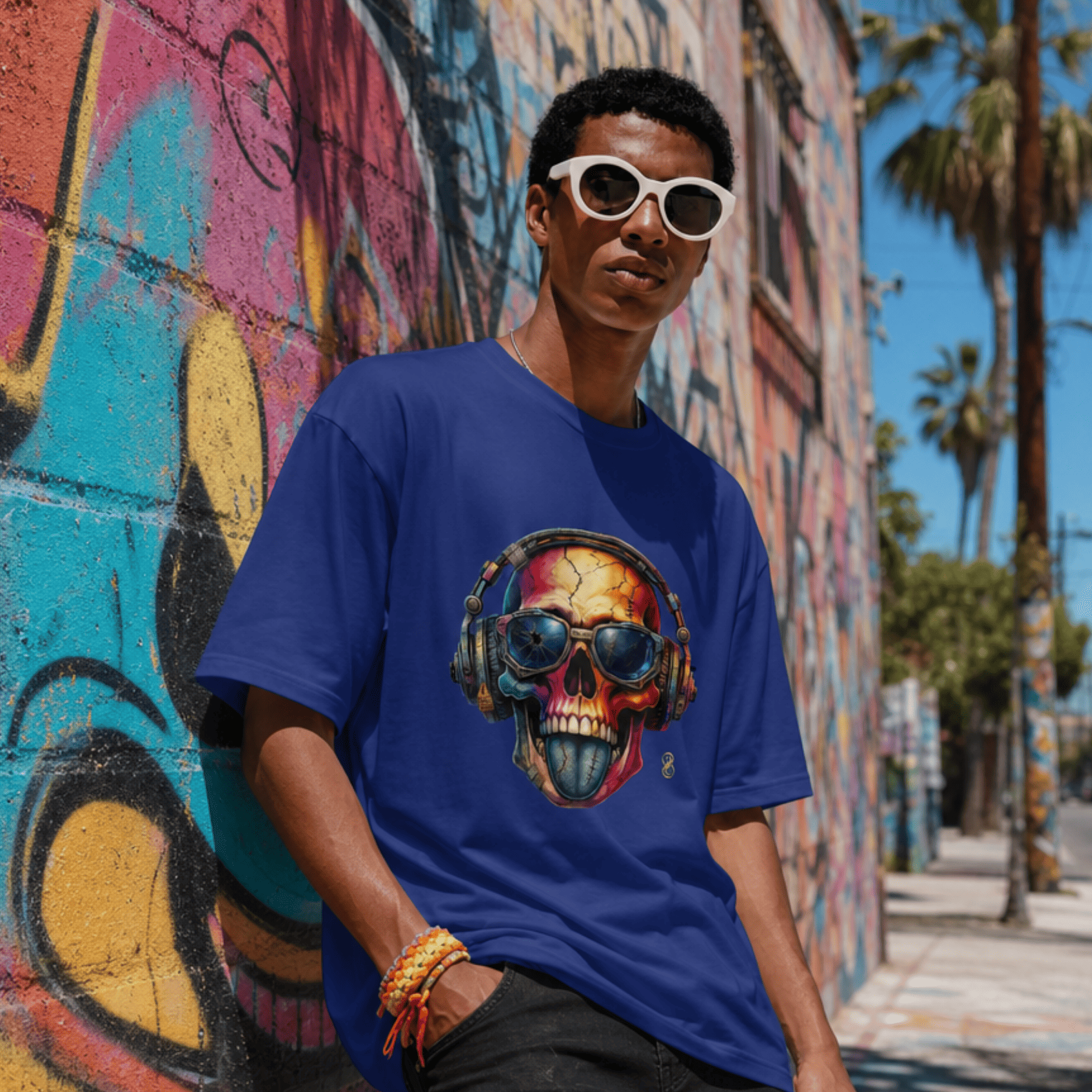 Person wearing a blue t-shirt with a colorful skull design in front of a graffiti-covered wall.