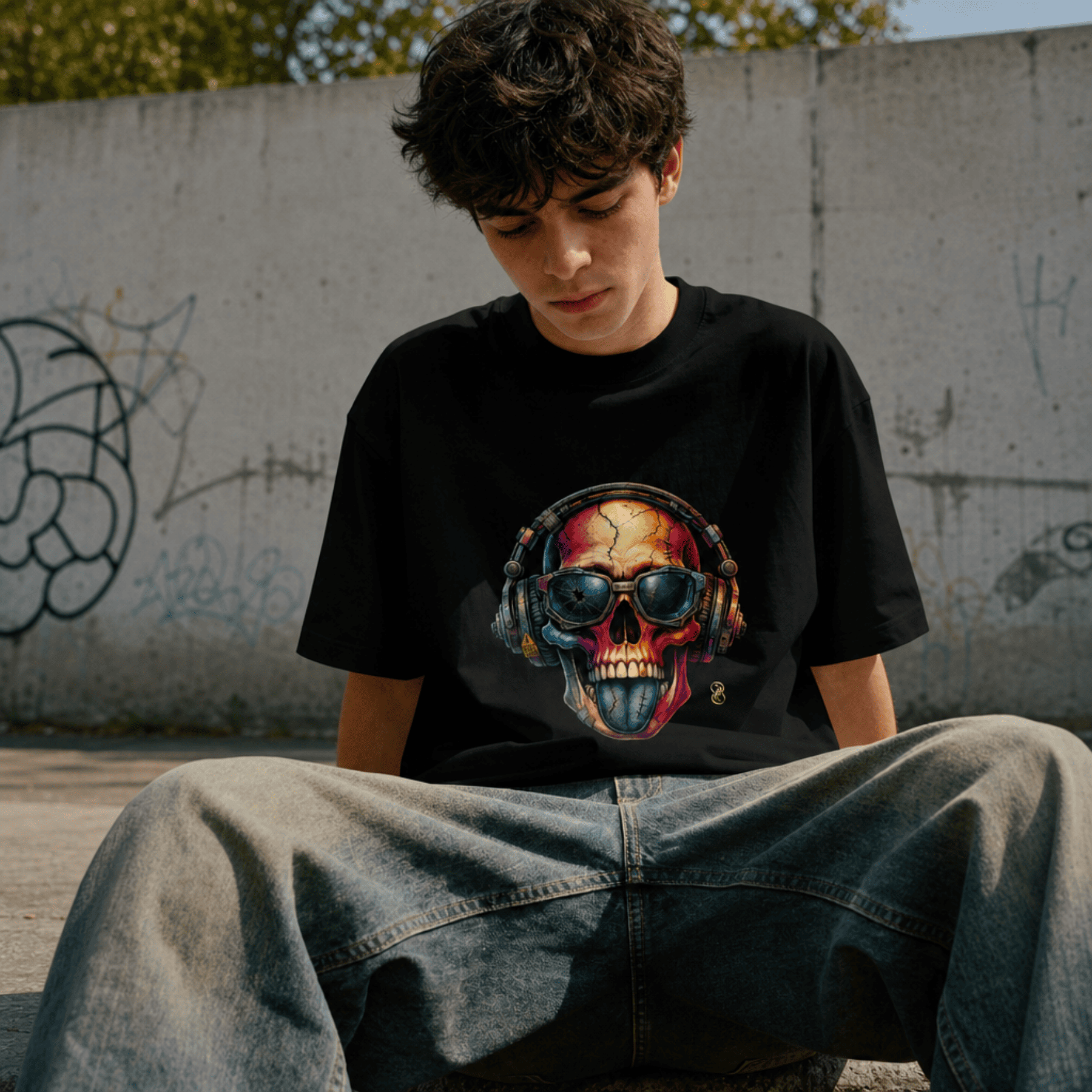Person wearing a black t-shirt with a colorful skull design sitting against a wall with graffiti.