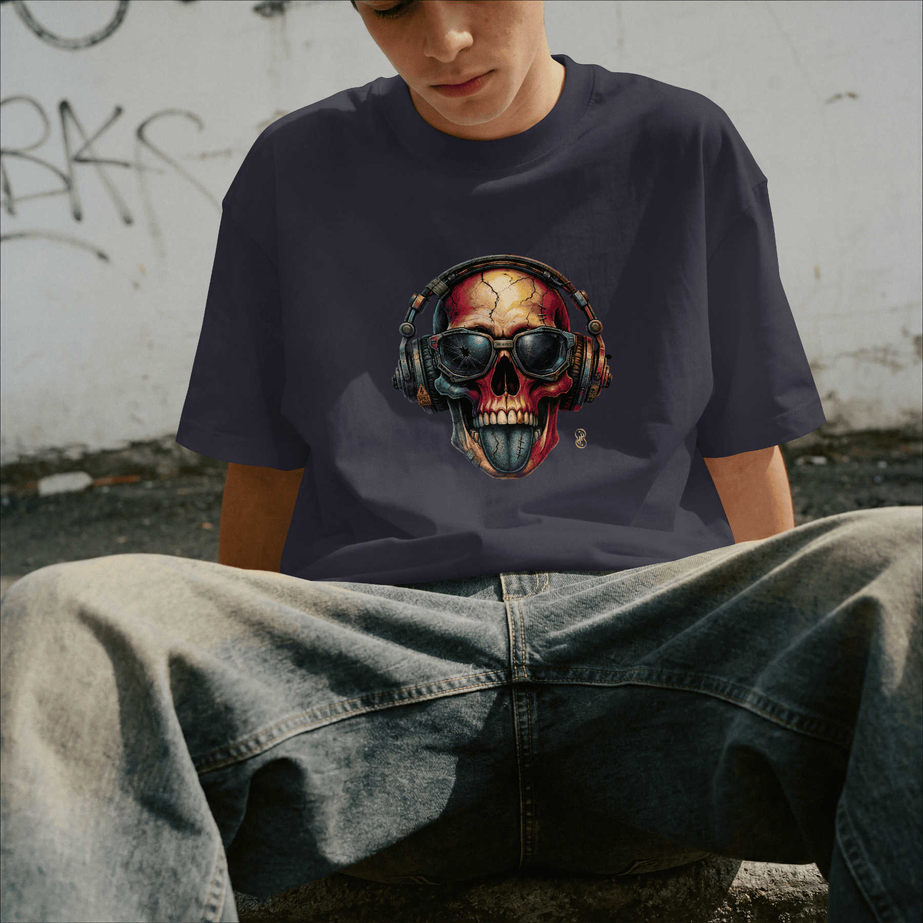 Person wearing a t-shirt with a skull design and headphones against a graffiti-covered wall.