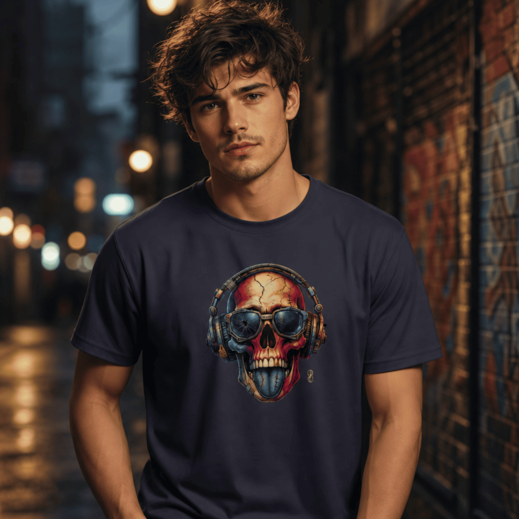 Man wearing a dark blue t-shirt with a skull design in an urban setting
