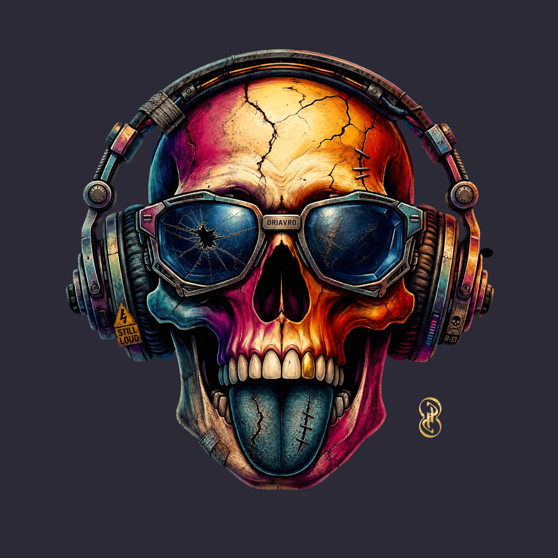 Colorful skull with headphones and goggles on a dark background