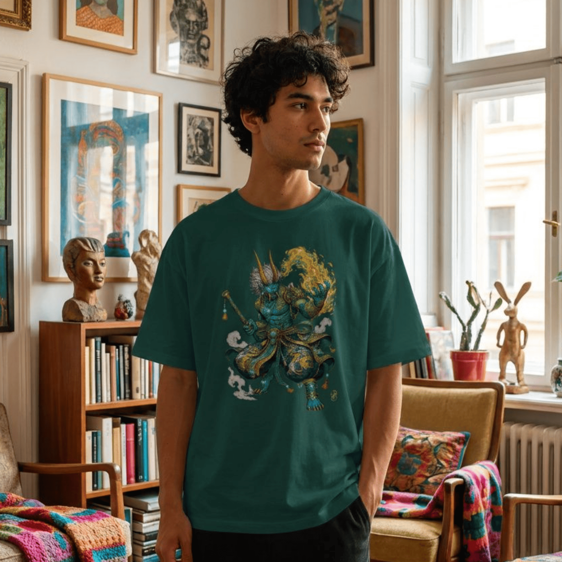 A man wearing a dark teal graphic t-shirt with a detailed fantasy illustration, standing in a cosy, art-filled room with bookshelves and framed prints.