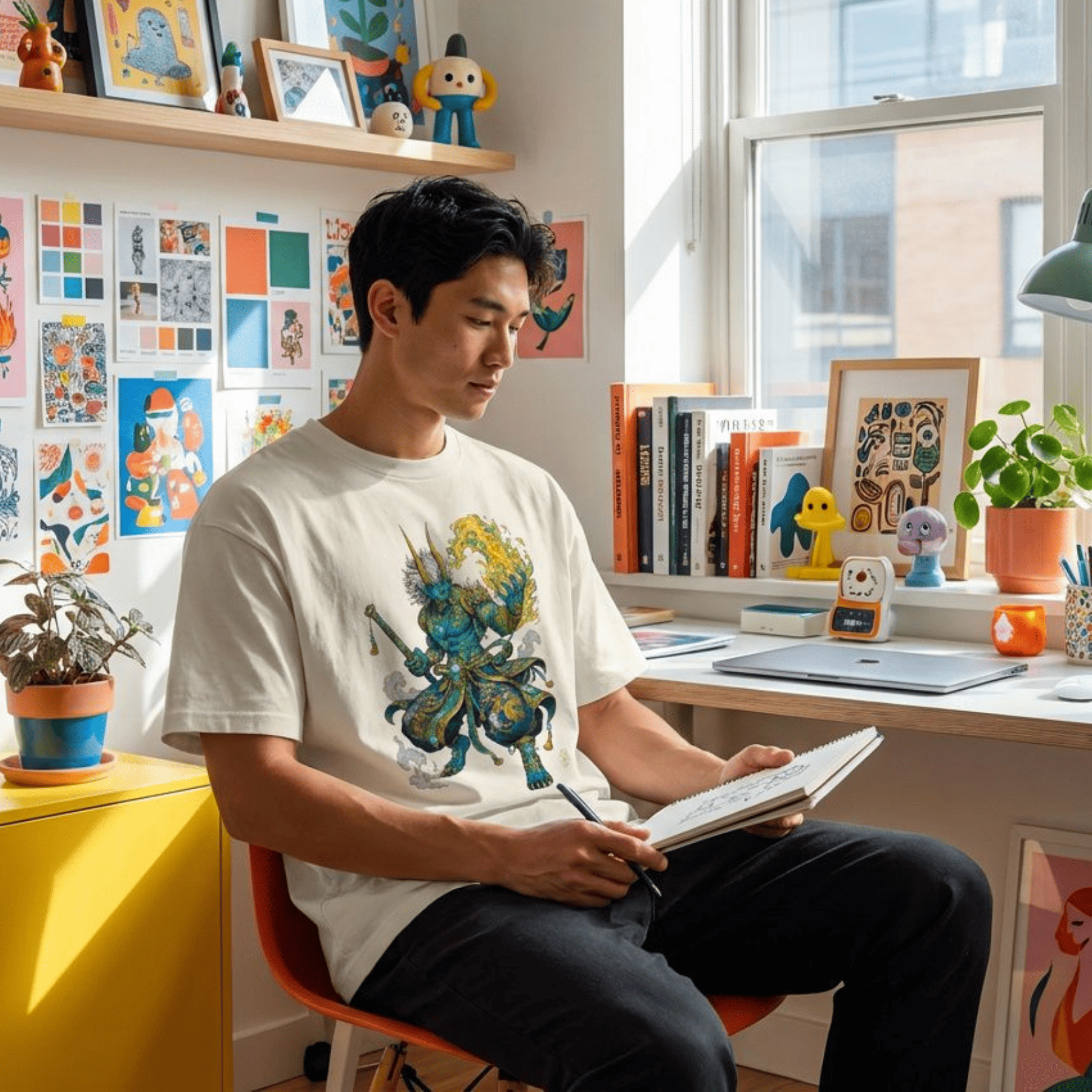 A man sitting in an orange chair at a desk in a bright, decorated room, wearing a white graphic t-shirt with a colourful illustration of a fantasy character.