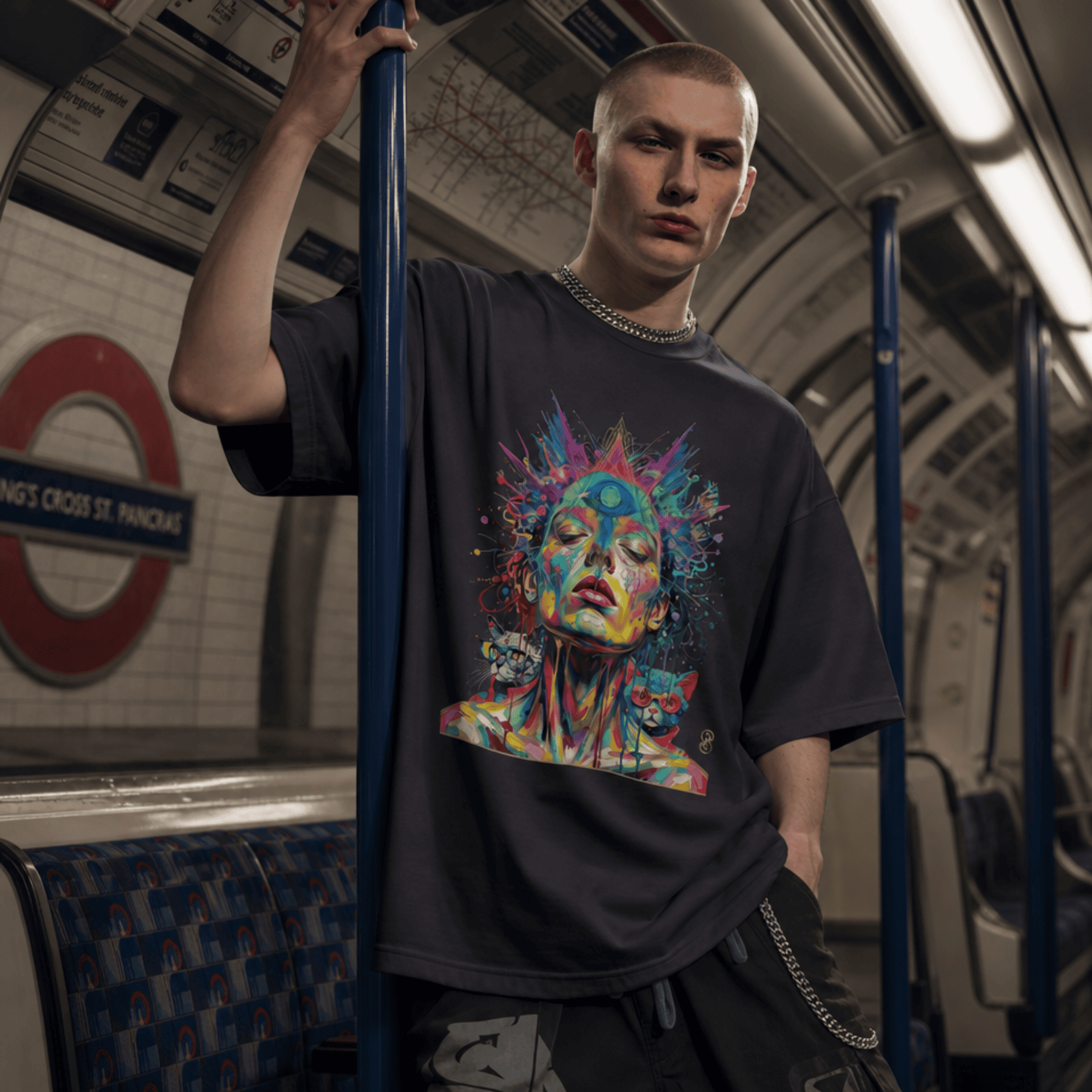 Person wearing a black t-shirt with a colourful graphic design on a subway train.