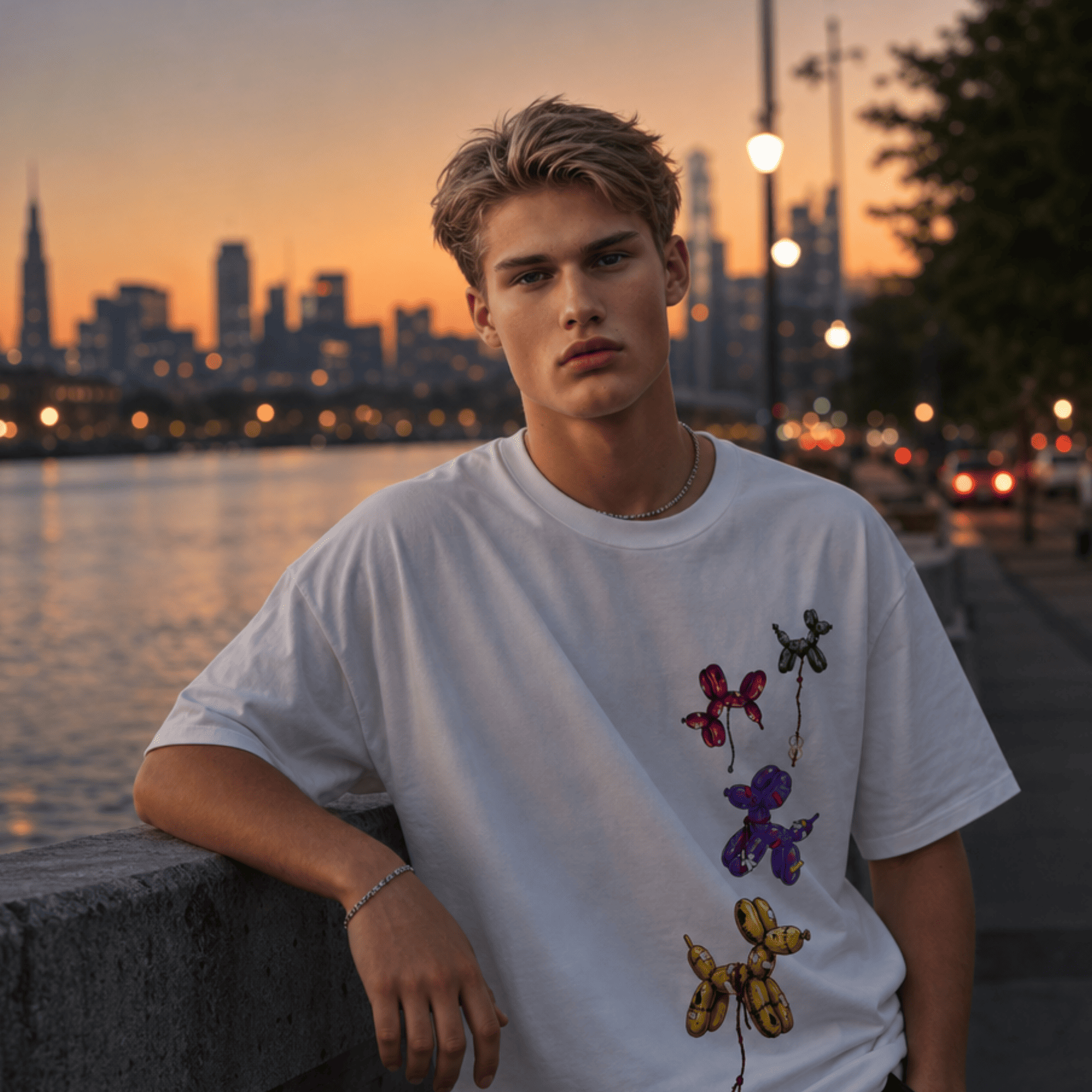 Man wearing a white t-shirt with colorful designs against a cityscape at sunset.