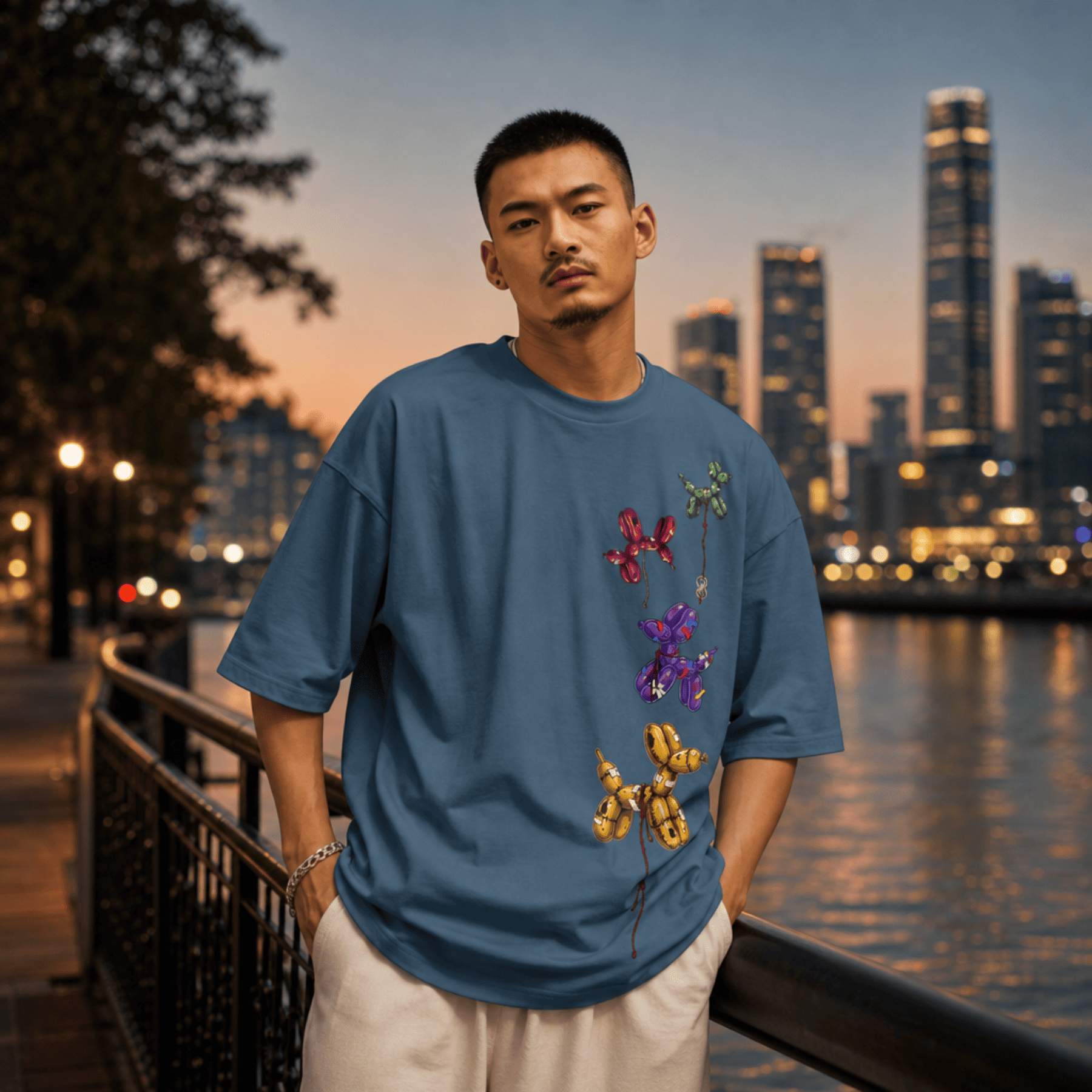 Man wearing a blue t-shirt with floral designs by a waterfront with city skyline in the background
