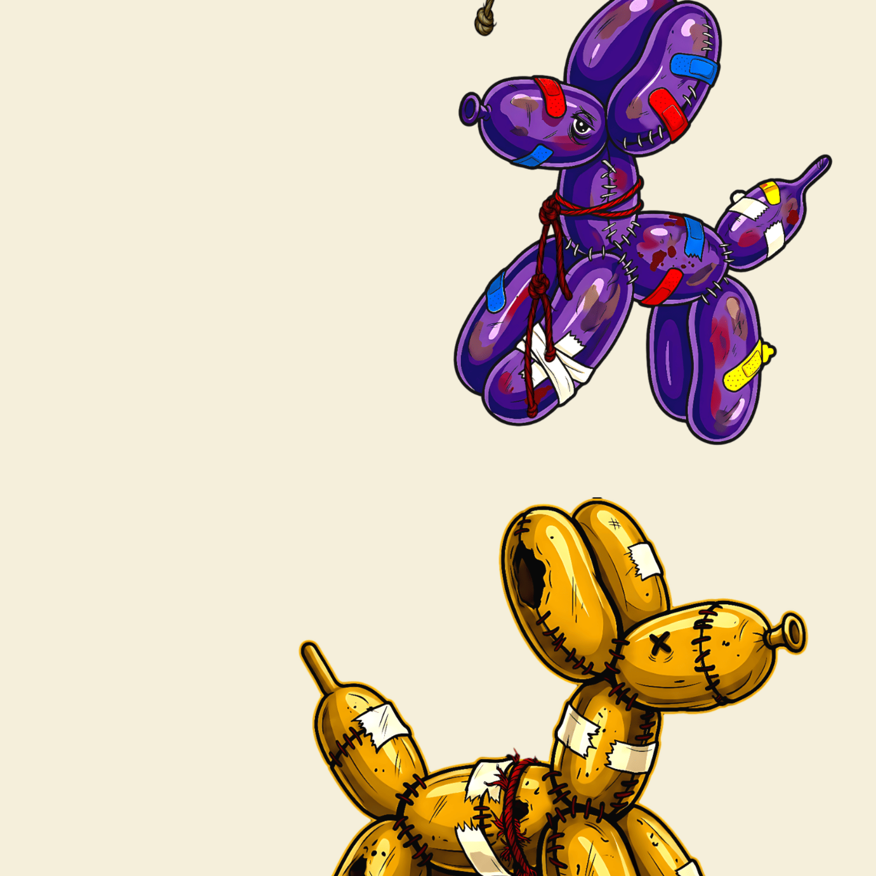 Two balloon animals, one purple and one yellow, on a beige background.