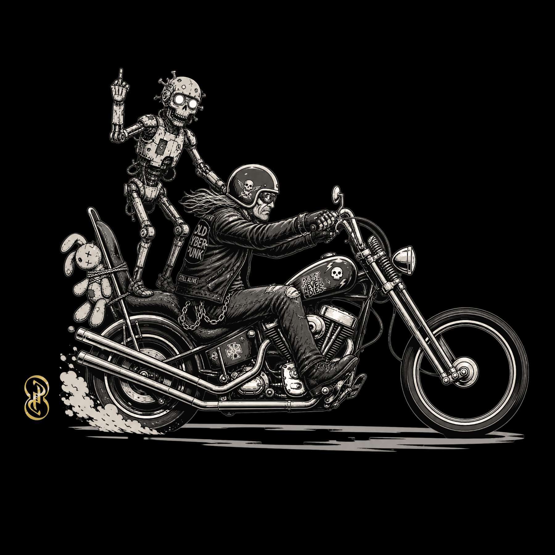 Illustration of a person riding a motorcycle with a skeleton and robot passenger on a black background