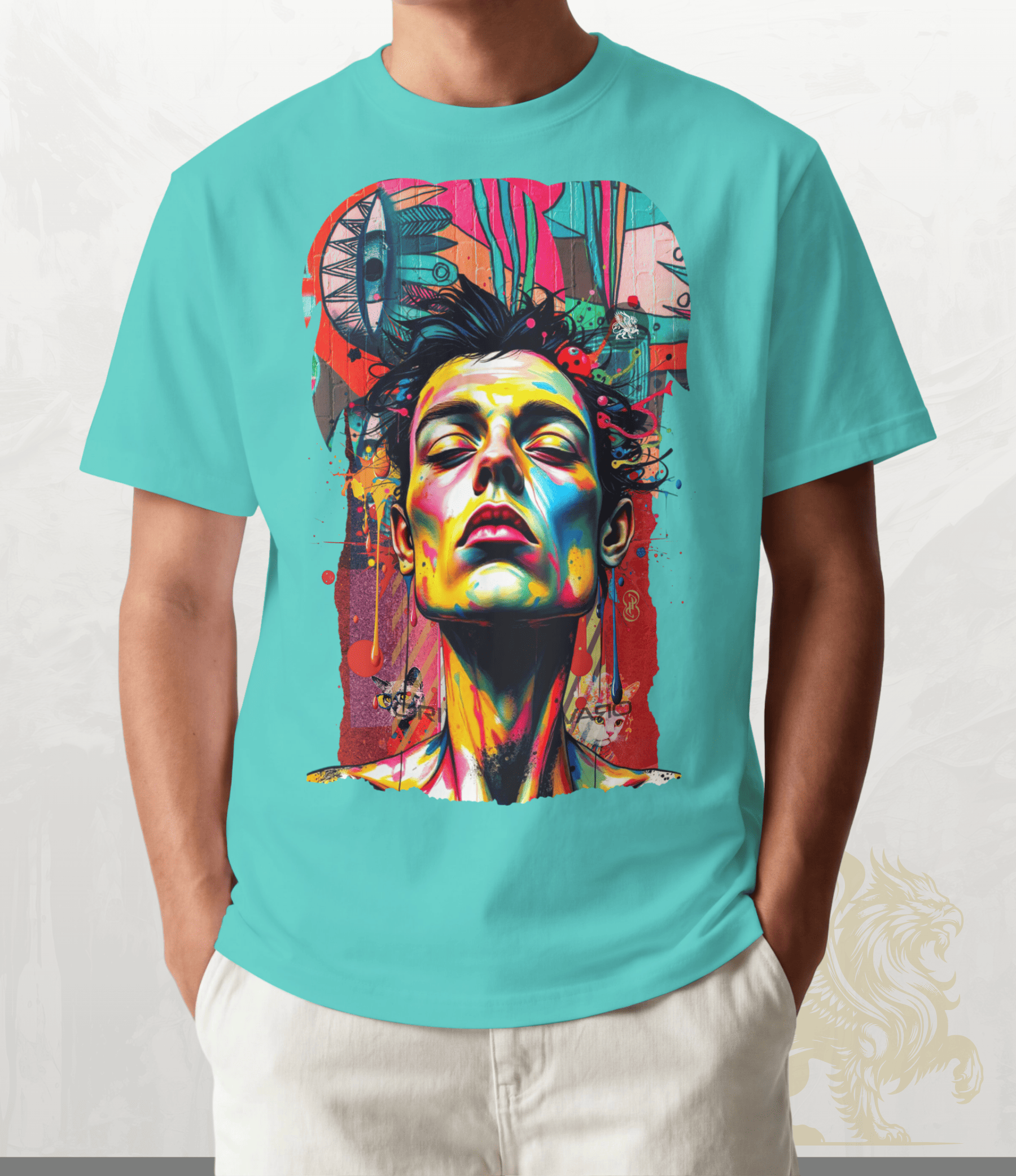 A person wearing a turquoise short-sleeve crewneck t-shirt with a large, vibrant pop-art graphic of a face on the front, paired with off-white pants.